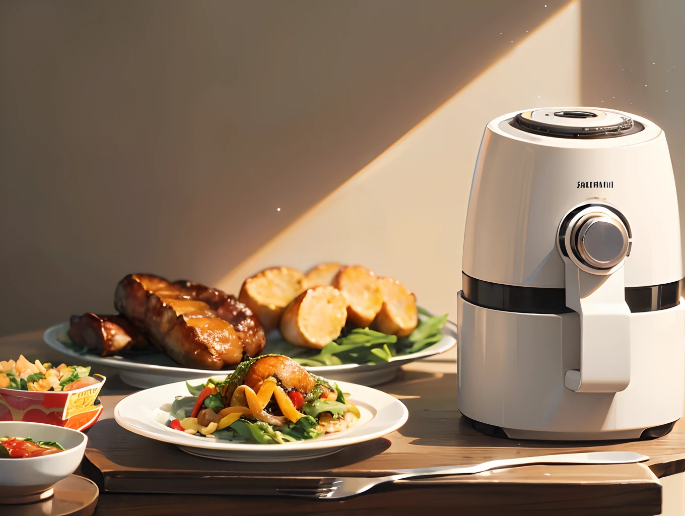 An electric air fryer and the meal in front of it, in a soft and dreamy atmosphere, sunlit, neo-Georgian minimalism, beige and amber, tabletop photography, layered gestures, minimalist Japanese --auto --s2