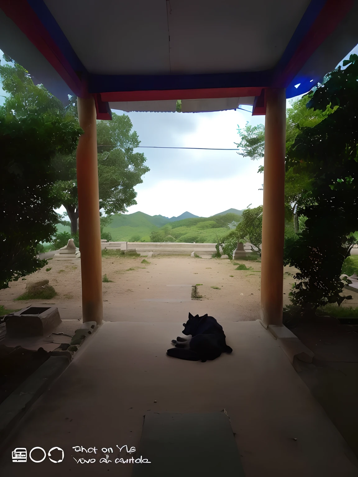 there is a dog that is laying down on the ground, chill time. good view, from inside a temple, background is heavenly, lonely scenery yet peaceful!!, very very low quality picture, looking from side, in front of a temple, view from inside, temple in the background, taken with sony alpha 9, in front of the temple, view from front