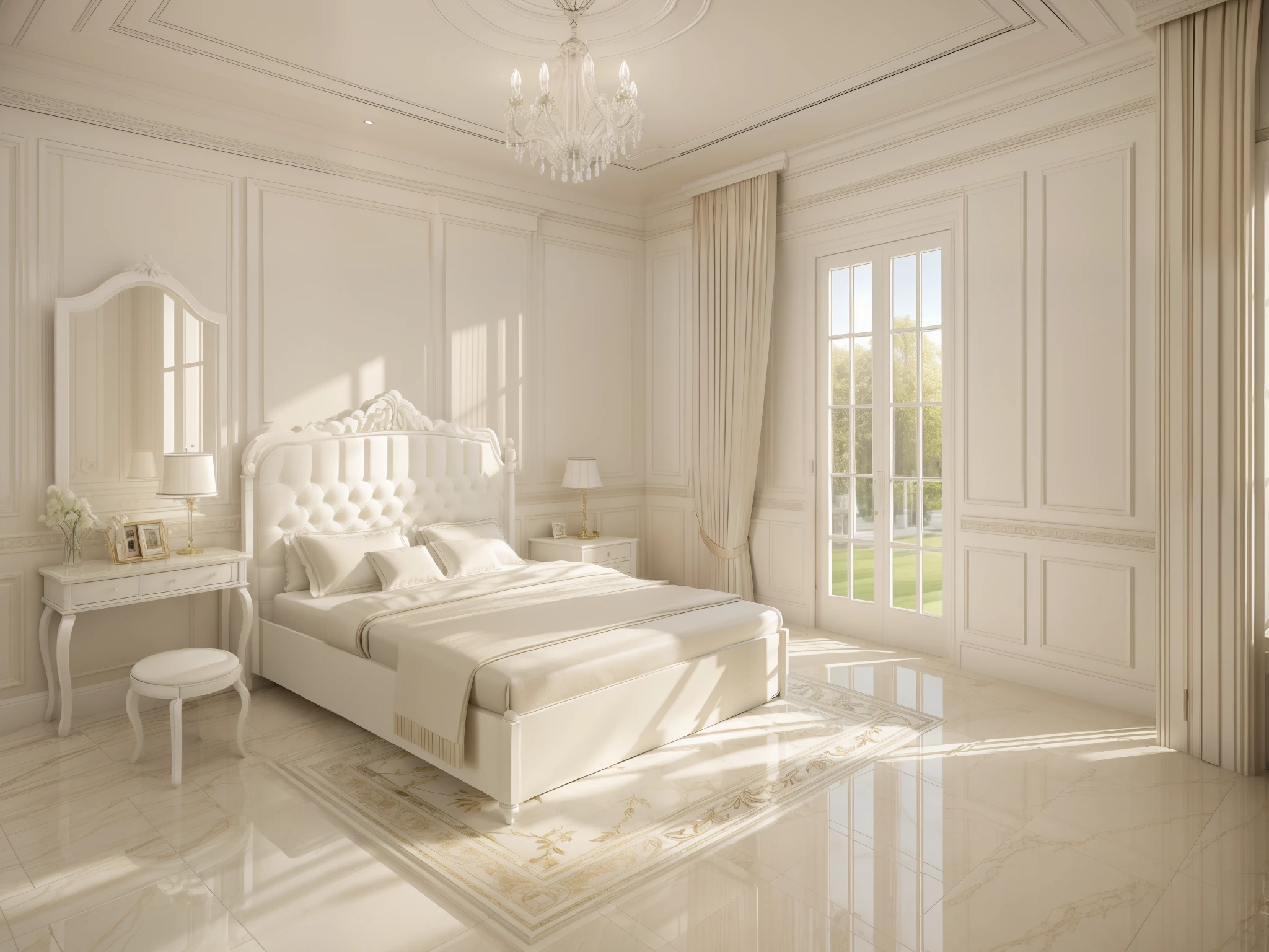 ((indoor neo classical bedroom scene)), morden bedroom (about bedroom:1.3), (realistic), (masterpiece), super detailed, ultra realistic, (full detail), (high quality), (8k resolution), large Glass door from the wall to the ceiling see outside, white curtain, day light, (whiten tone:1.5), wall art decoration, glass door, (white ceramic marble floor), (contrast:1.2)