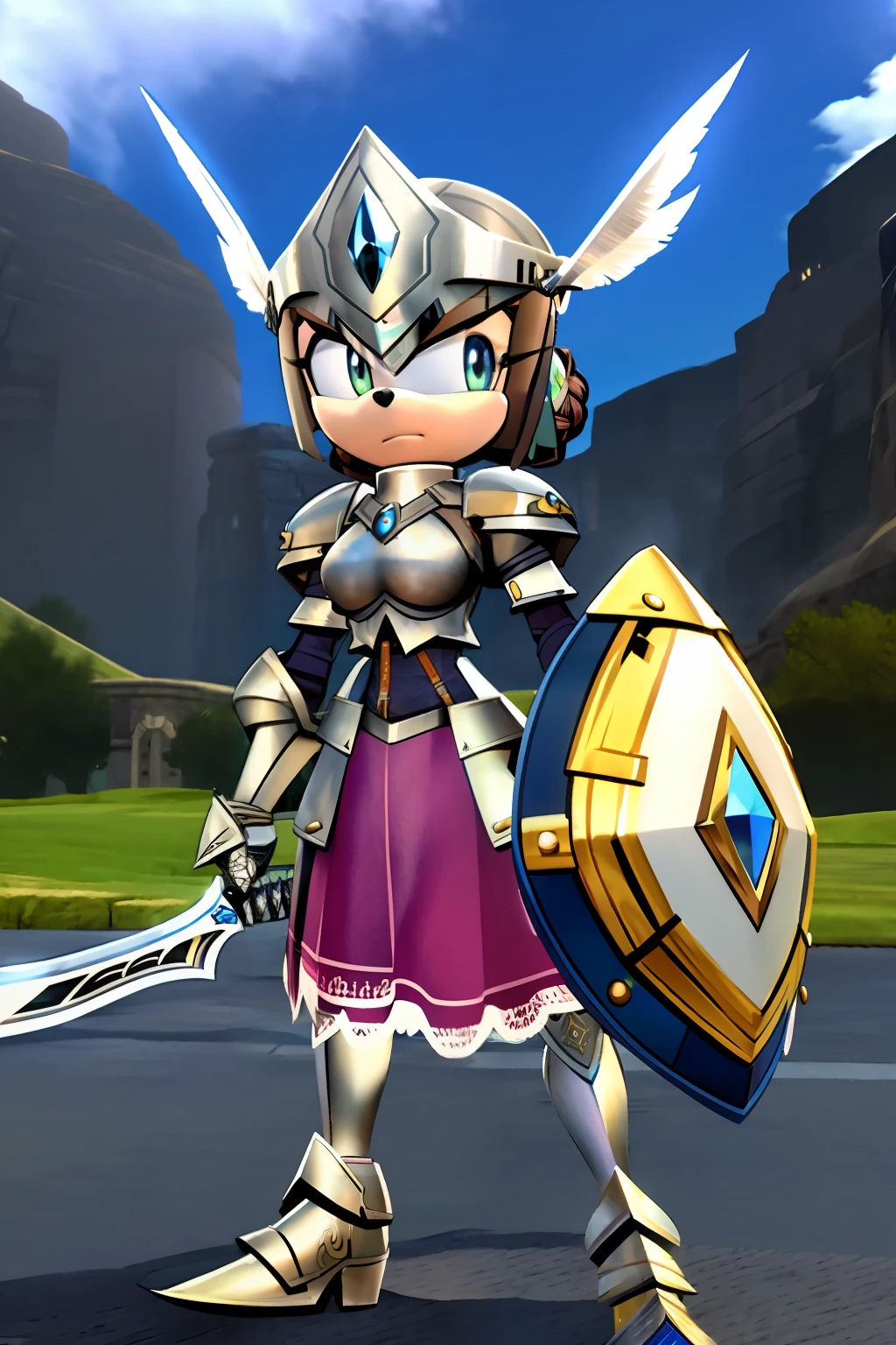 duvaliestahlritter, 1girl, solo, armor, braid, breastplate, short hair, helmet, shoulder armor, gauntlets, pauldrons, shield, valkyrie, visor (armor), weapon, hair bun, sword, holding, armored dress, feathers, ribbon, sidelocks, headpiece, hair ribbon, skirt, boots, holding sword, armored boots, holding shield, greaves, knight, (mobian)