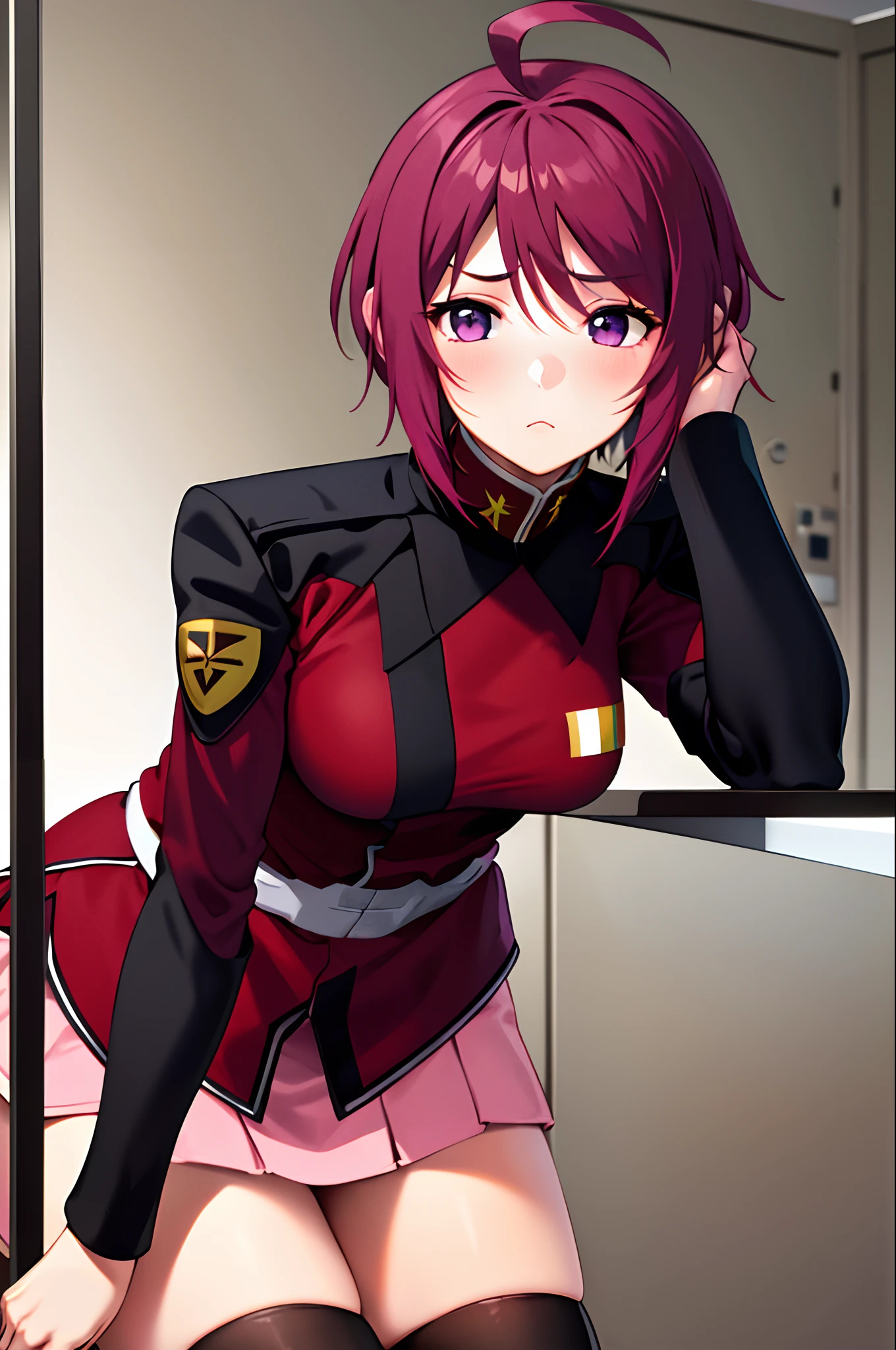 masterpiece, best quality, highres, 1girl, solo, pink skirt, military uniform, short hair, ahoge, black thighhighs, red hair, purple eyes, purple hair, long sleeves, frown, leaning forward,