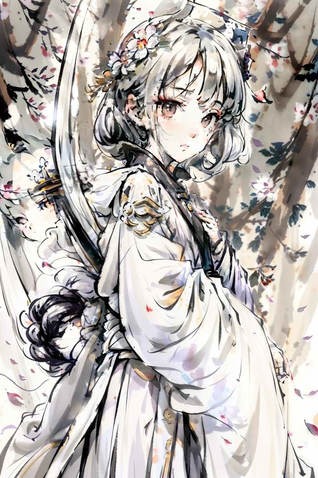 detailed anime character art,A boy in a white robe,The man with the sword,Elaborate two-dimensional portrait,White hair,Wearing small plum blossoms on his head,Ink wind