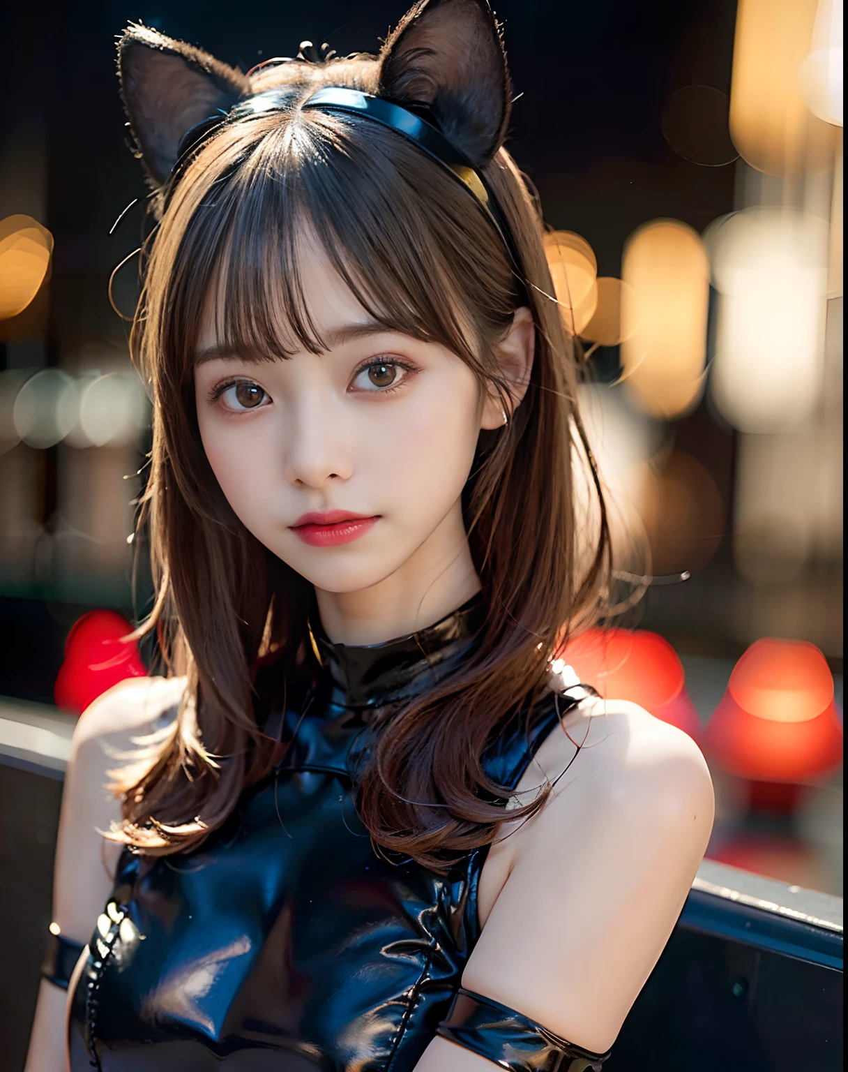 (8K, Raw photo, Best Quality, masutepiece:1.2), (Realistic, Photorealsitic:1.37),1girl in, Professional Lighting, Photon mapping, Radio City, Korean Doll, Cat ears, Catsuit