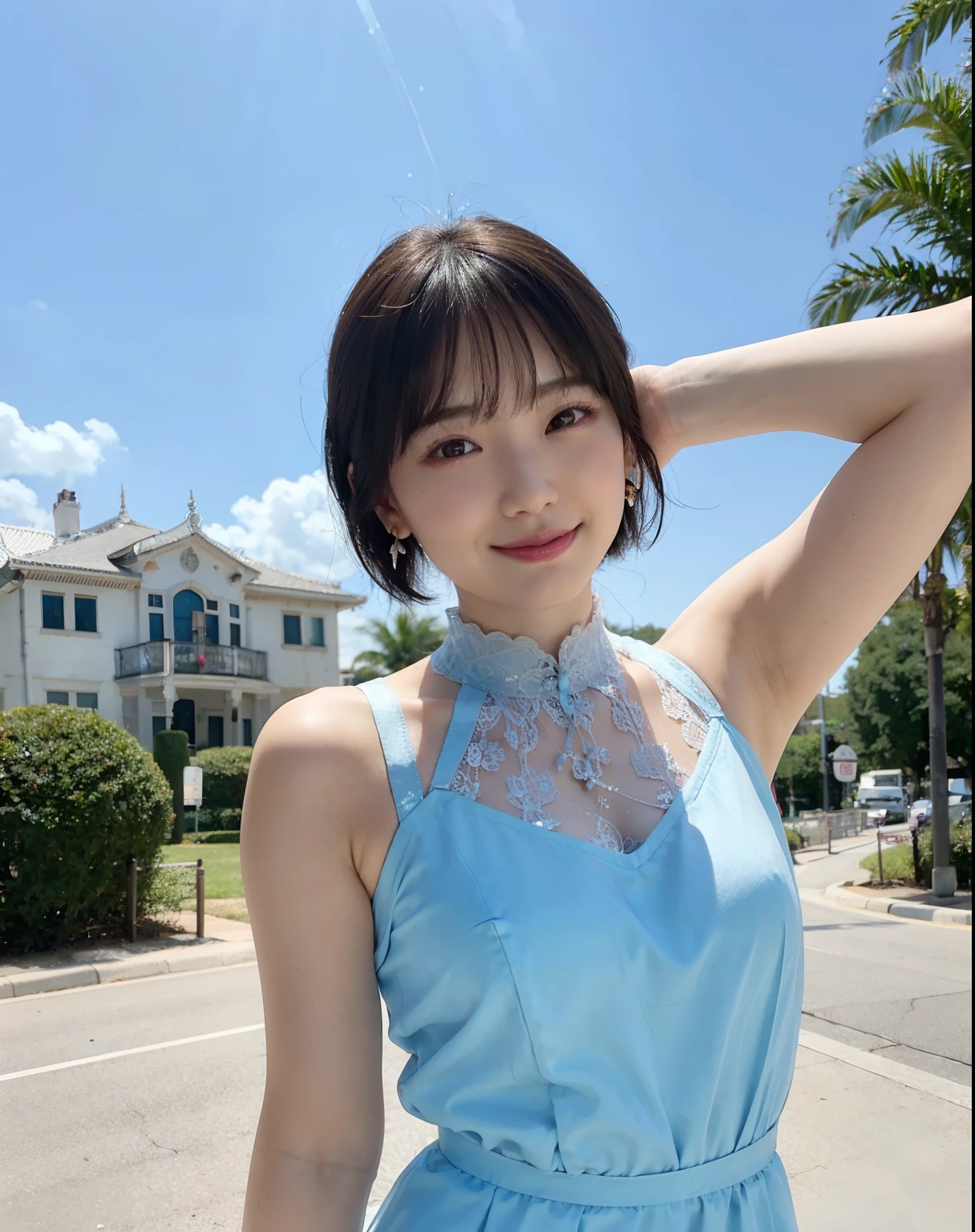 a woman posing on the street corner with light blue dress on, best quality, 1girl, large breasts, day, bright, blur background, bokeh, outdoor, (street:0.8), (people, crowds:1), (lace-trimmed dress:1.5, sleeveless dress, light blue clothes, light blue high-neck dress:1.2, blue dress: 1.5), gorgeous, (short hair, forehead:1.2), beautiful detailed sky, earrings, (dynamic pose:1.2), (upper body:0.8), soft lighting, wind, shiny skin, smile,