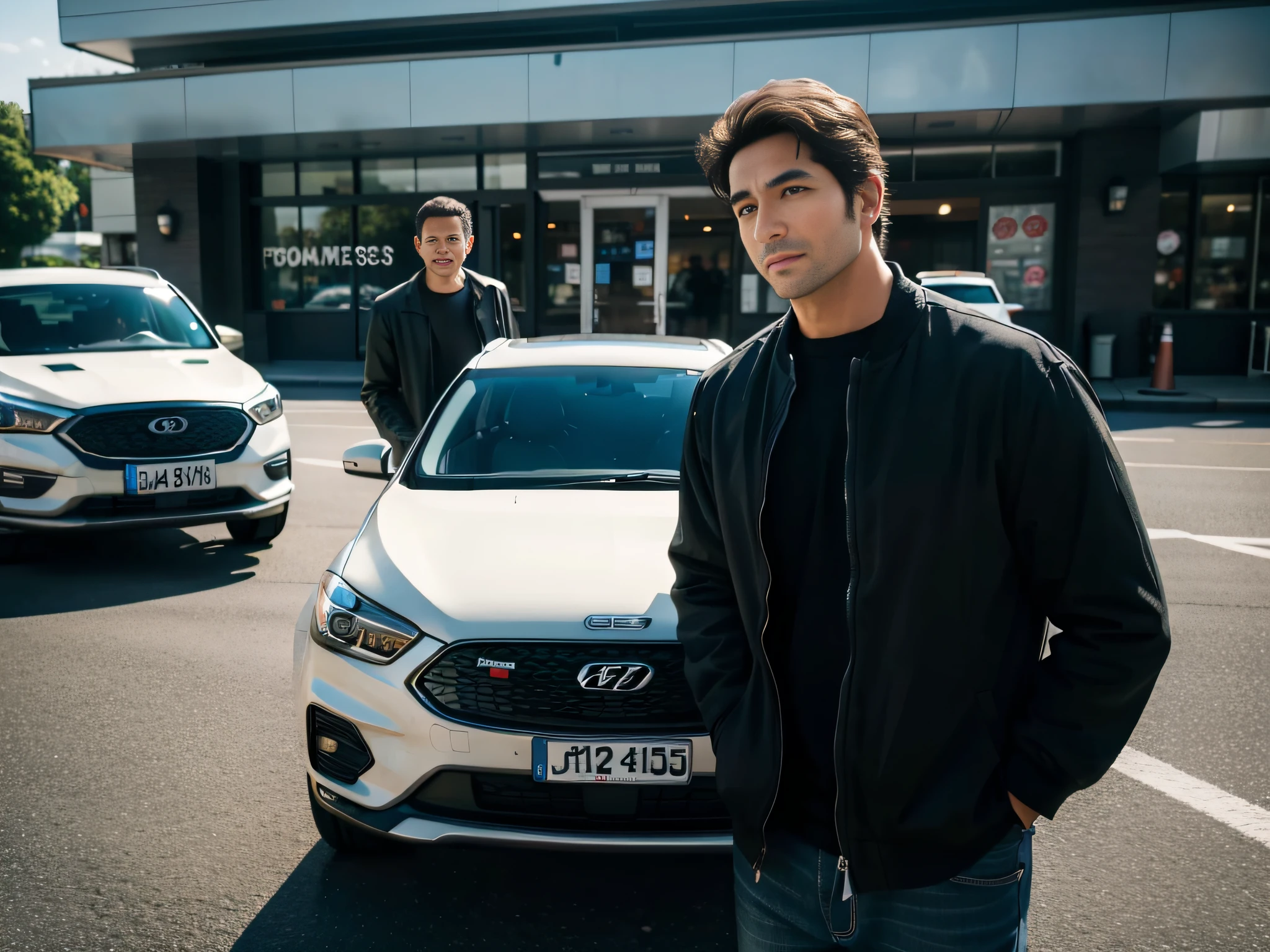 （Two men chatting），sface focus，Face the lens，sideways standing，Hands on the SUV，detailed face with，Casual wear，A car in the background，at the parking lot