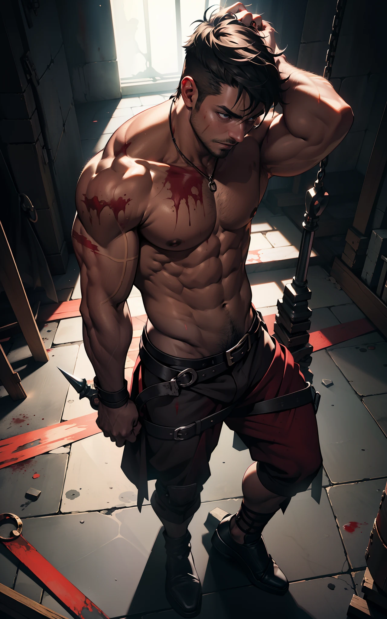torture instruments，dungeon，nipple torture，Muscle men，Naked all over the body，blood spatter，Bright light，Male focus，Reallightandshadow，The light source，Color suppression，tmasterpiece，Perfect anatomy，plethora of colors，The background is bright，k hd，Light illuminates the whole body，Lens illumination，Front lighting