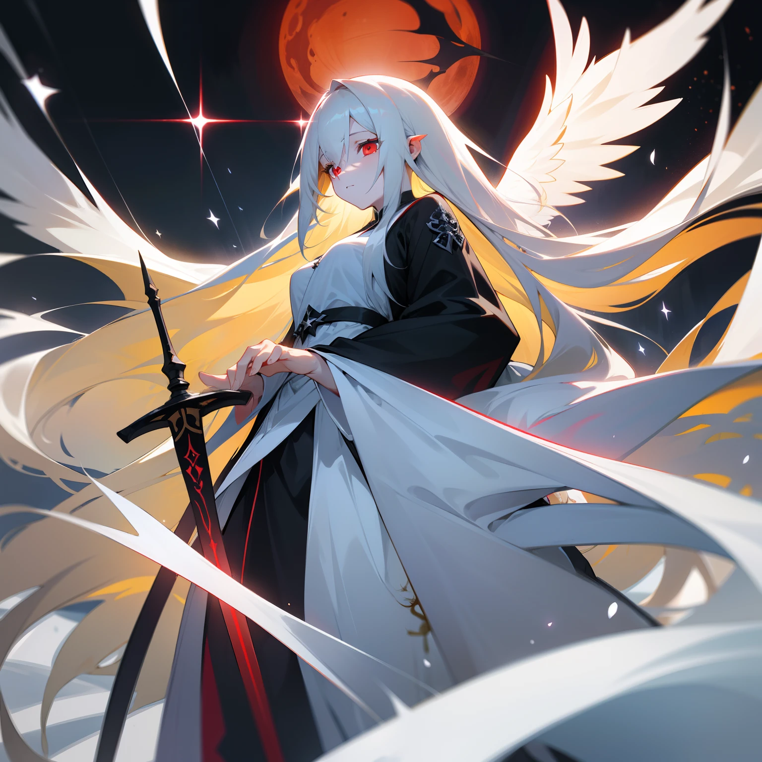 Black and white winged angel,Long pale yellow hair to the waist,Long flowing hair,Dark red eyes,long sword。The eyes are deep and bright,It's like two stars,Reveal firmness and wisdom,She wore a black and white robe,The sleeves are slightly fluttering in the wind