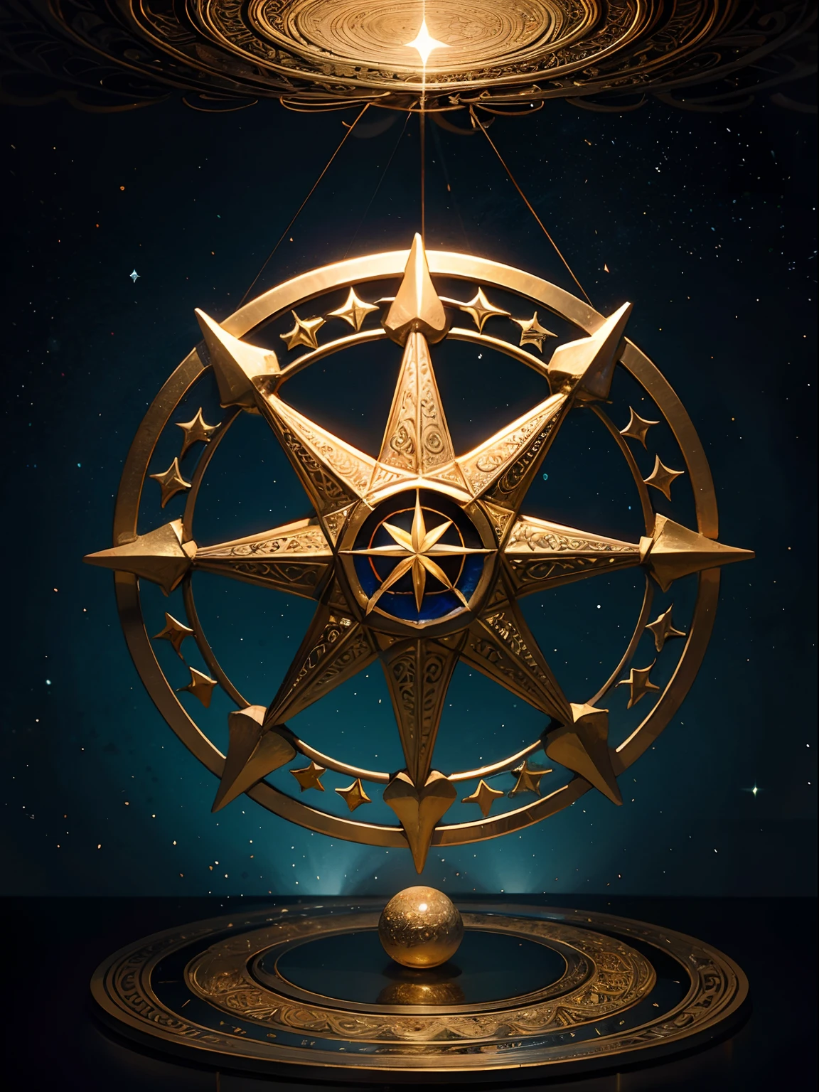 Intricate 7-pointed star surrounded by representations of 7 elements within a mystical circle.
