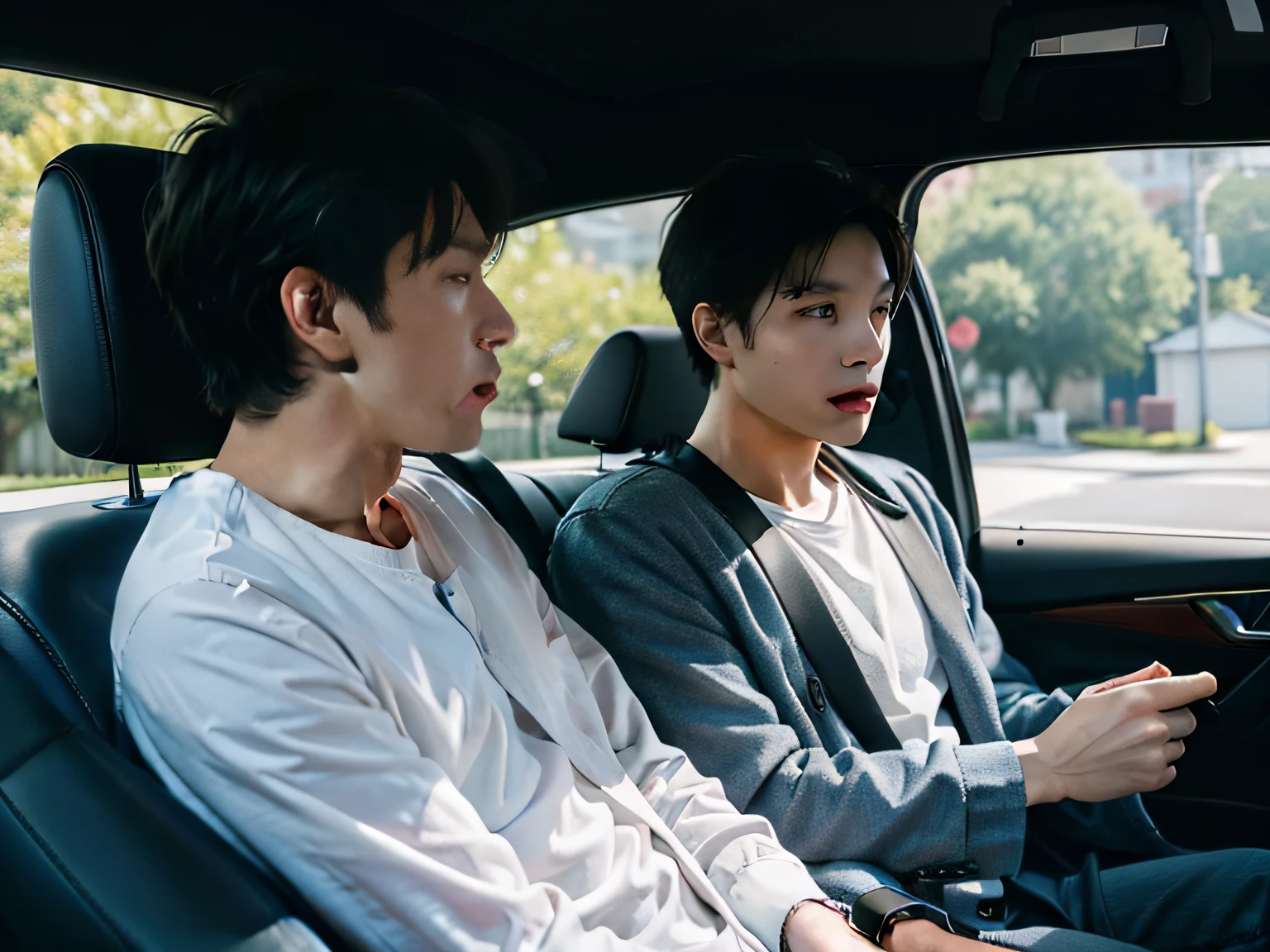 Two men sitting in the car talking,sface focus,Clear facial expressions。
