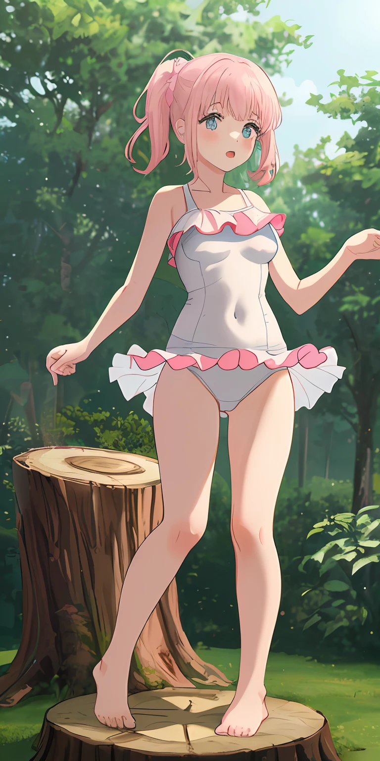 1 girl, White swimsuit with pink ruffle,  standing on her feet, on top of a tree stump, segurando uma carta, 4k, (alta qualidade), (alta resolução),