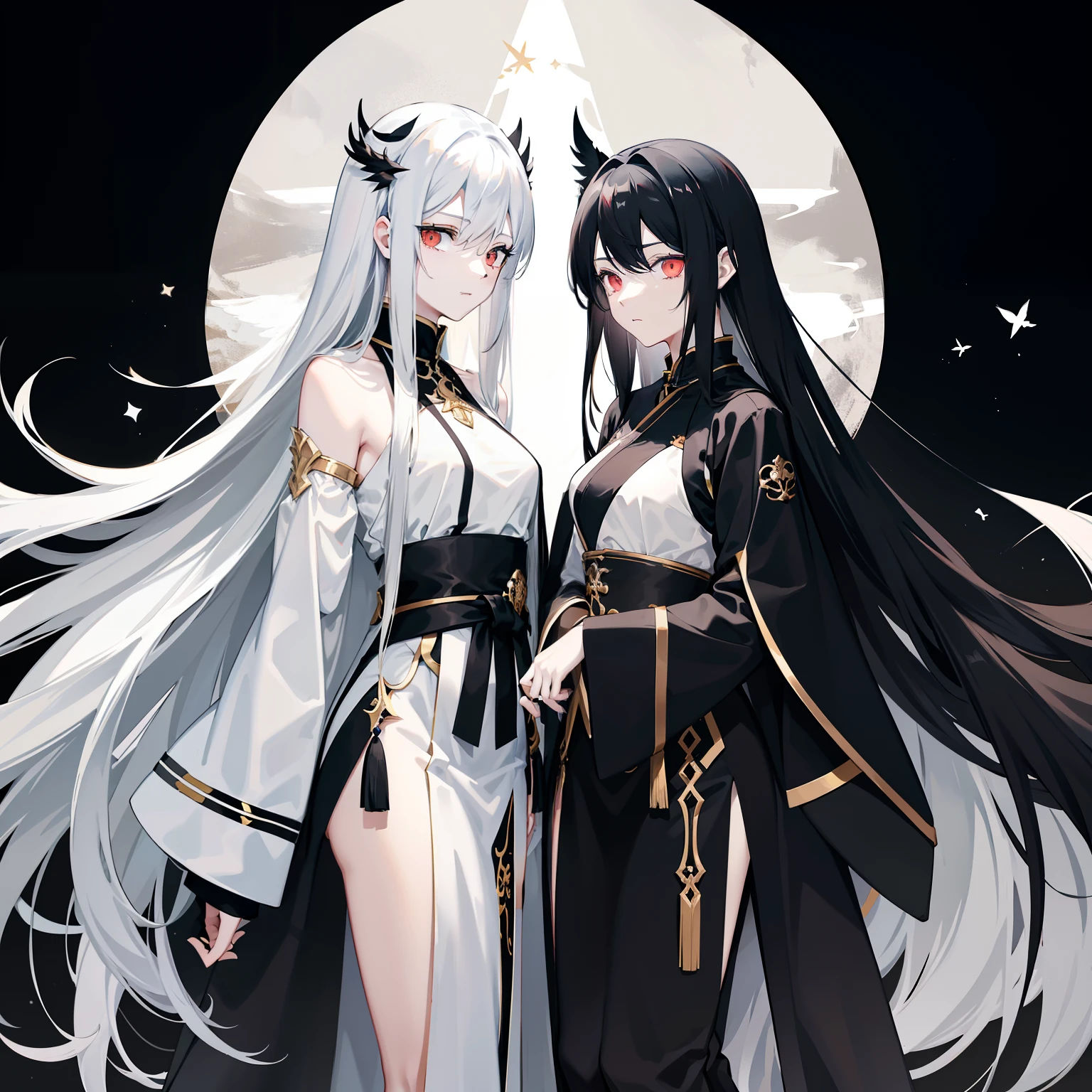 Black and white winged angel，Long pale yellow hair to the waist，Long flowing hair，Dark red eyes，long sword。The eyes are deep and bright，It's like two stars，Reveal firmness and wisdom，She wore a black and white robe，The sleeves are slightly fluttering in the wind