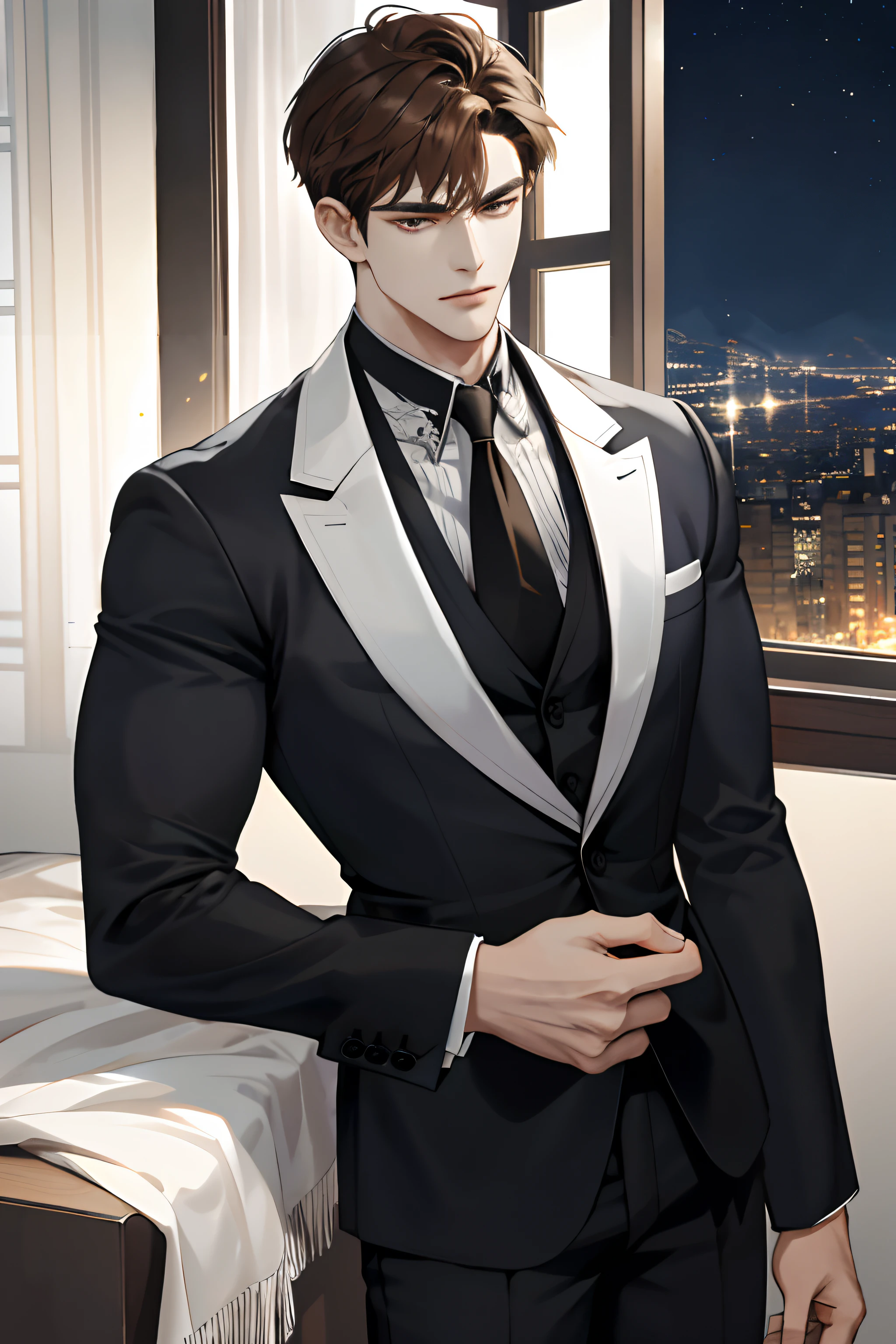 (hoang lap, k hd, ultra - detailed), (1male people, Single, AS-Adult, mature:1.4, Idade:1.4, 年轻, Tall muscular man, Handsome), Very short hair, brunette color hair, Hair oil, with brown eye,(Pointed chin:1.4,Thick neck:1.4,),Break,Night,Dark,Look at the night view of the city through the large window,formal outfit,tiese,full bodyesbian,