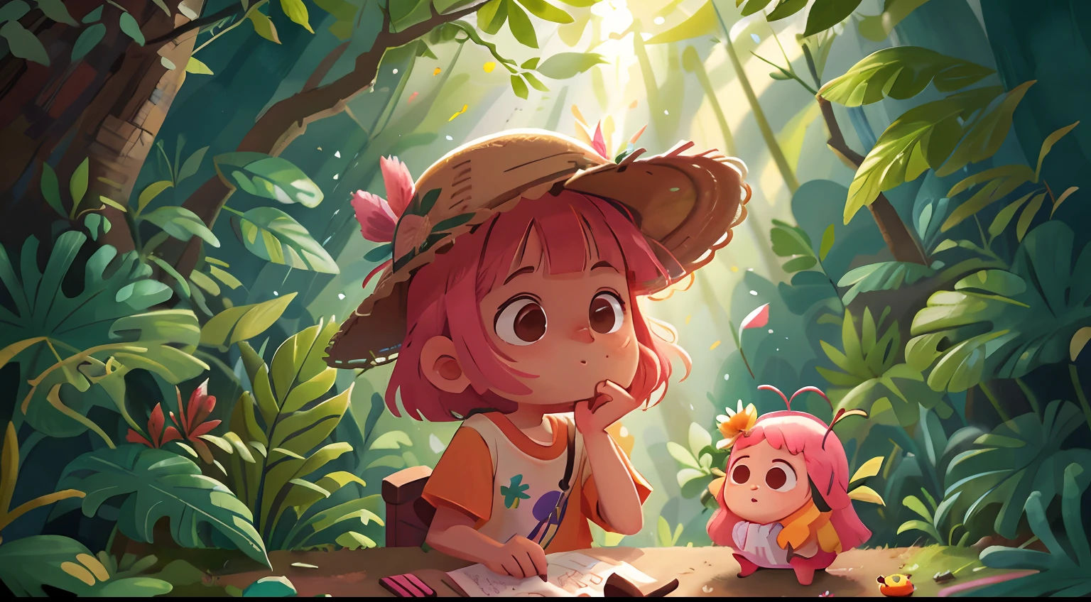 Menina brincando na floresta com uma cesta de piquenique, pensativa,with your hand on your face, vestindo um short e camiseta, casaquinho rosa, cabelos longos, arvores, flores coloridas, lagos, hat on head