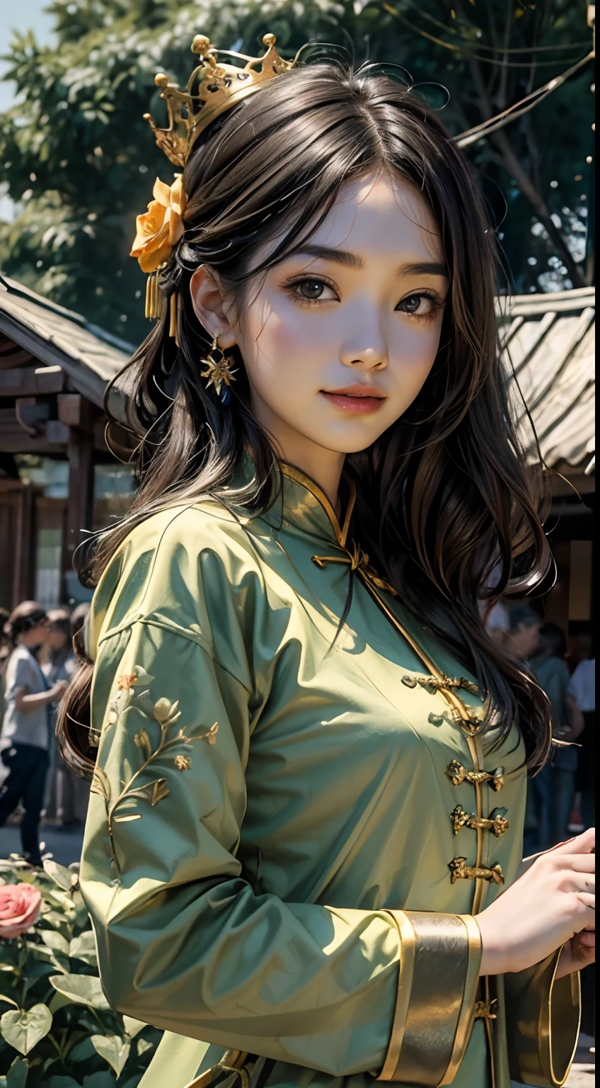 Beautiful long hair cute Chinese girl,Twenty-two years old,(face round:1.3),A shallow shy smile,（large black eyes）,（Very detailed and perfect facial depiction）,(Long dark brown hair:1.1),（Half-body appearance）,A shiny crown is worn on his head，Light grass green silk fabric, （Beautifully decorated birthday cake:1.2), facing to audience，From below, Birthday is being celebrated, Happy look,(A variety of flowers:1.2),（surrounded by flower:1.2), happy birthay,good luck,joy,Sprinkle flowers,Beautiful girl,（light and shadow effect）,（vivd colour）,（Color splattering）,（Obvious layers）,（Ink painting style）,（Photography Award）,（8k wallpaper）,（Masterpiece）,（best qualtiy）,A picture,realisticlying