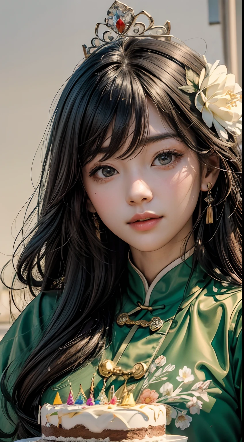 Beautiful long hair cute Chinese girl,Twenty-two years old,(face round:1.3),A shallow shy smile,(large black eyes),(Very detailed and perfect facial depiction),(Long dark brown hair:1.1),(Half-body appearance),A shiny crown is worn on his head,Light grass green silk fabric, (Beautifully decorated birthday cake:1.2), facing to audience,From below, Birthday is being celebrated, Happy look,(A variety of flowers:1.2),(surrounded by flower:1.2), happy birthay,good luck,joy,Sprinkle flowers,Beautiful girl,(light and shadow effect),(vivd colour),(Color splattering),(Obvious layers),(Ink painting style),(Photography Award),(8k wallpaper),(Masterpiece),(best qualtiy),A picture,realisticlying