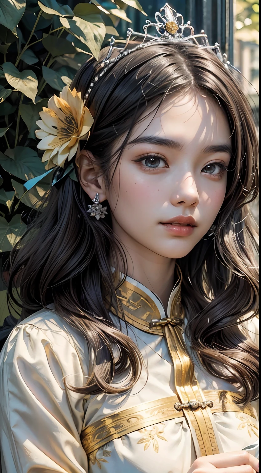 Beautiful long hair cute Chinese girl,Twenty-two years old,(face round:1.3),A shallow shy smile,（large black eyes）,（Very detailed and perfect facial depiction）,(Long dark brown hair:1.1),（Half-body appearance）,A shiny crown is worn on his head，Light grass green silk fabric, （Beautifully decorated birthday cake:1.2), facing to audience，From below, Birthday is being celebrated, Happy look,(A variety of flowers:1.2),（surrounded by flower:1.2), happy birthay,good luck,joy,Sprinkle flowers,Beautiful girl,（light and shadow effect）,（vivd colour）,（Color splattering）,（Obvious layers）,（Ink painting style）,（Photography Award）,（8k wallpaper）,（Masterpiece）,（best qualtiy）,A picture,realisticlying