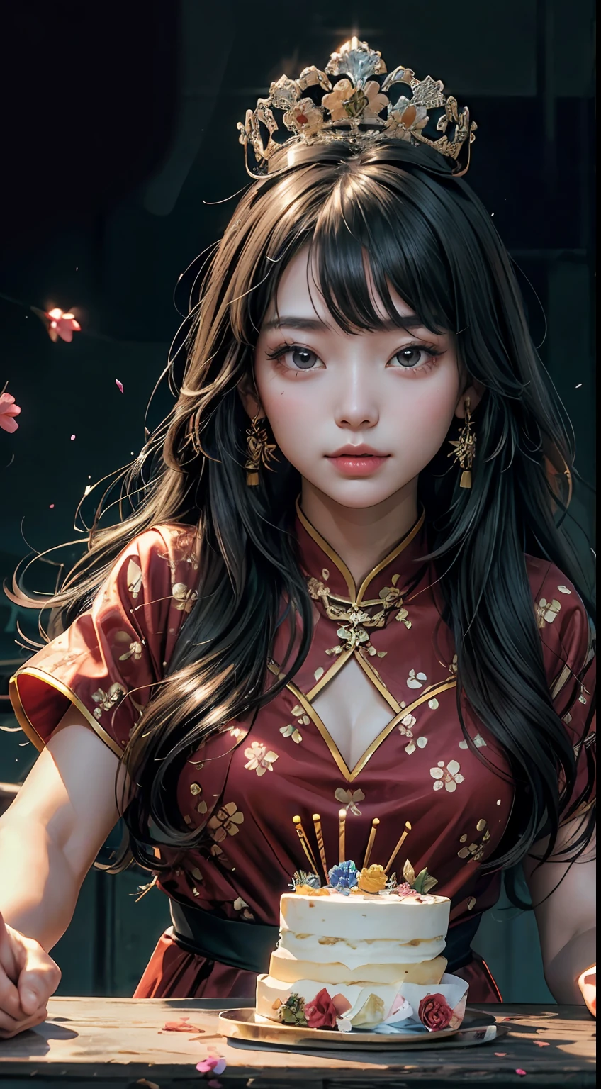 Beautiful long hair cute Chinese girl,Twenty-two years old,(face round:1.3),A shallow shy smile,(large black eyes),(Very detailed and perfect facial depiction),(Long dark brown hair:1.1),(Half-body appearance),A shiny crown is worn on his head,Light grass green silk fabric, (Beautifully decorated birthday cake:1.2), facing to audience,From below, Birthday is being celebrated, Happy look,(A variety of flowers:1.2),(surrounded by flower:1.2), happy birthay,good luck,joy,Sprinkle flowers,Beautiful girl,(light and shadow effect),(vivd colour),(Color splattering),(Obvious layers),(Ink painting style),(Photography Award),(8k wallpaper),(Masterpiece),(best qualtiy),A picture,realisticlying