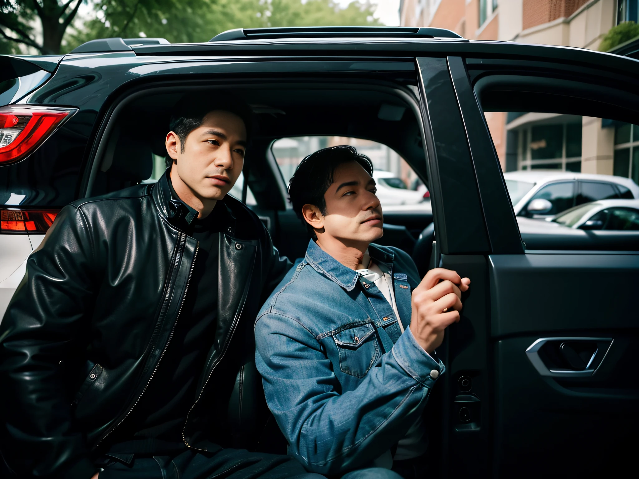 （Two men chatting），sface focus，Face the lens，sideways standing，Hands on the SUV，detailed face with，Casual wear，A car in the background，at the parking lot