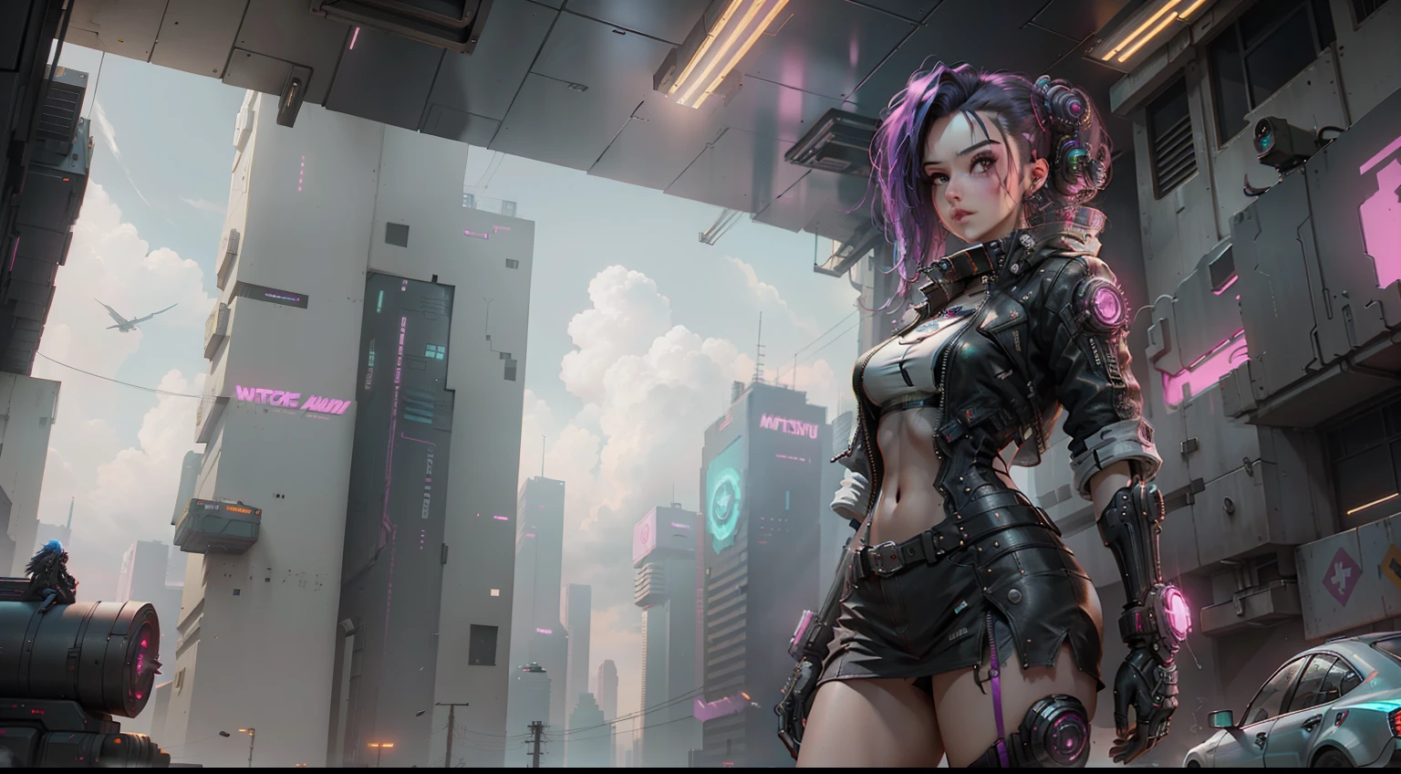 A cyberpunk mechanical style girl standing in front of futuristic city, cyberpunk atmosphere, cyberpunk atmosphere, deep into the metaverse where we go, there is cyberpunk style, cyberpunk theme, in cyberpunk 2077, cyberpunk futuristic, cyberpunk futuristic, synthwave, futuristic cyberpunk, cyberpunk technology, retro cyberpunk, synthwave style