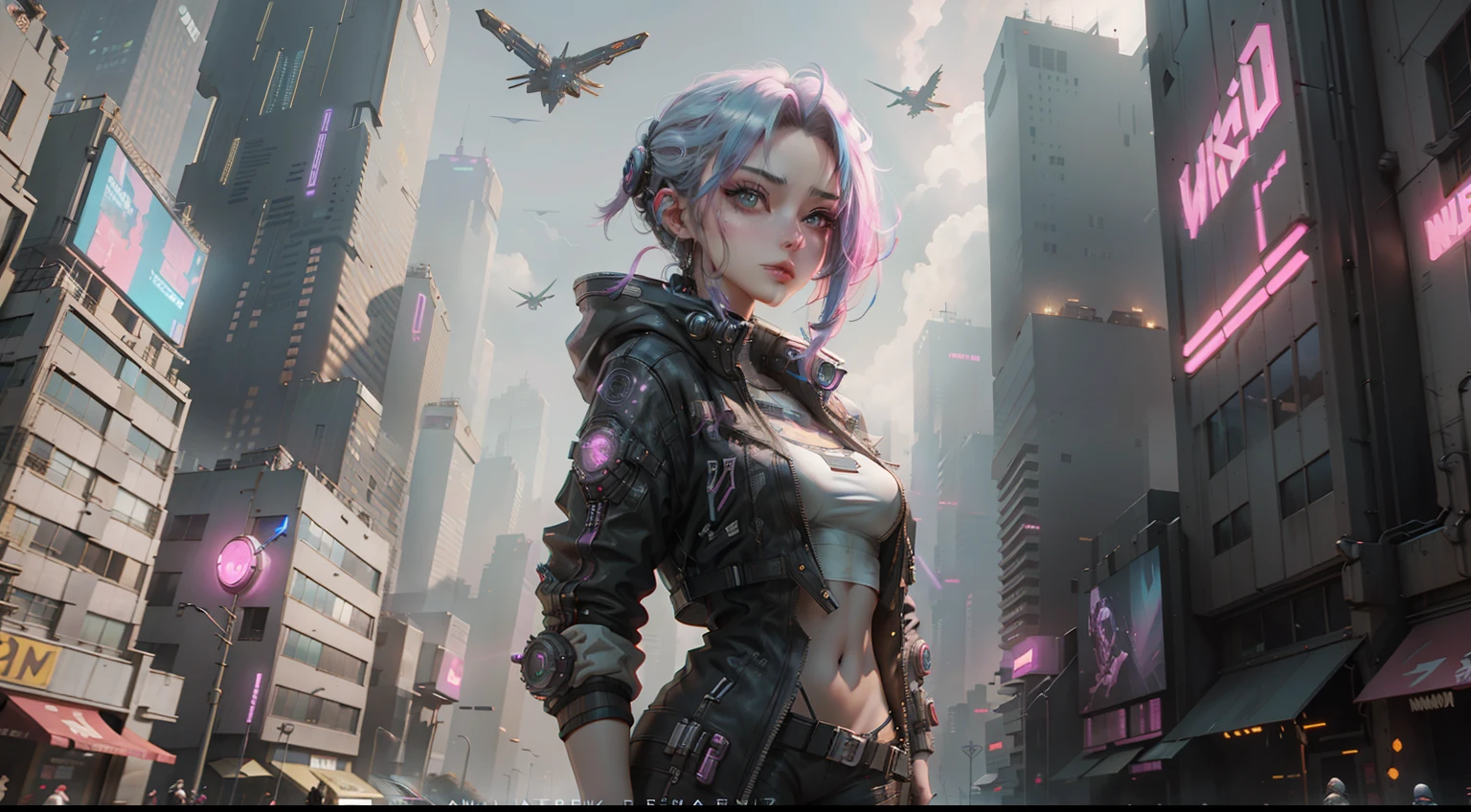 A cyberpunk mechanical style girl standing in front of futuristic city, cyberpunk atmosphere, cyberpunk atmosphere, deep into the metaverse where we go, there is cyberpunk style, cyberpunk theme, in cyberpunk 2077, cyberpunk futuristic, cyberpunk futuristic, synthwave, futuristic cyberpunk, cyberpunk technology, retro cyberpunk, synthwave style