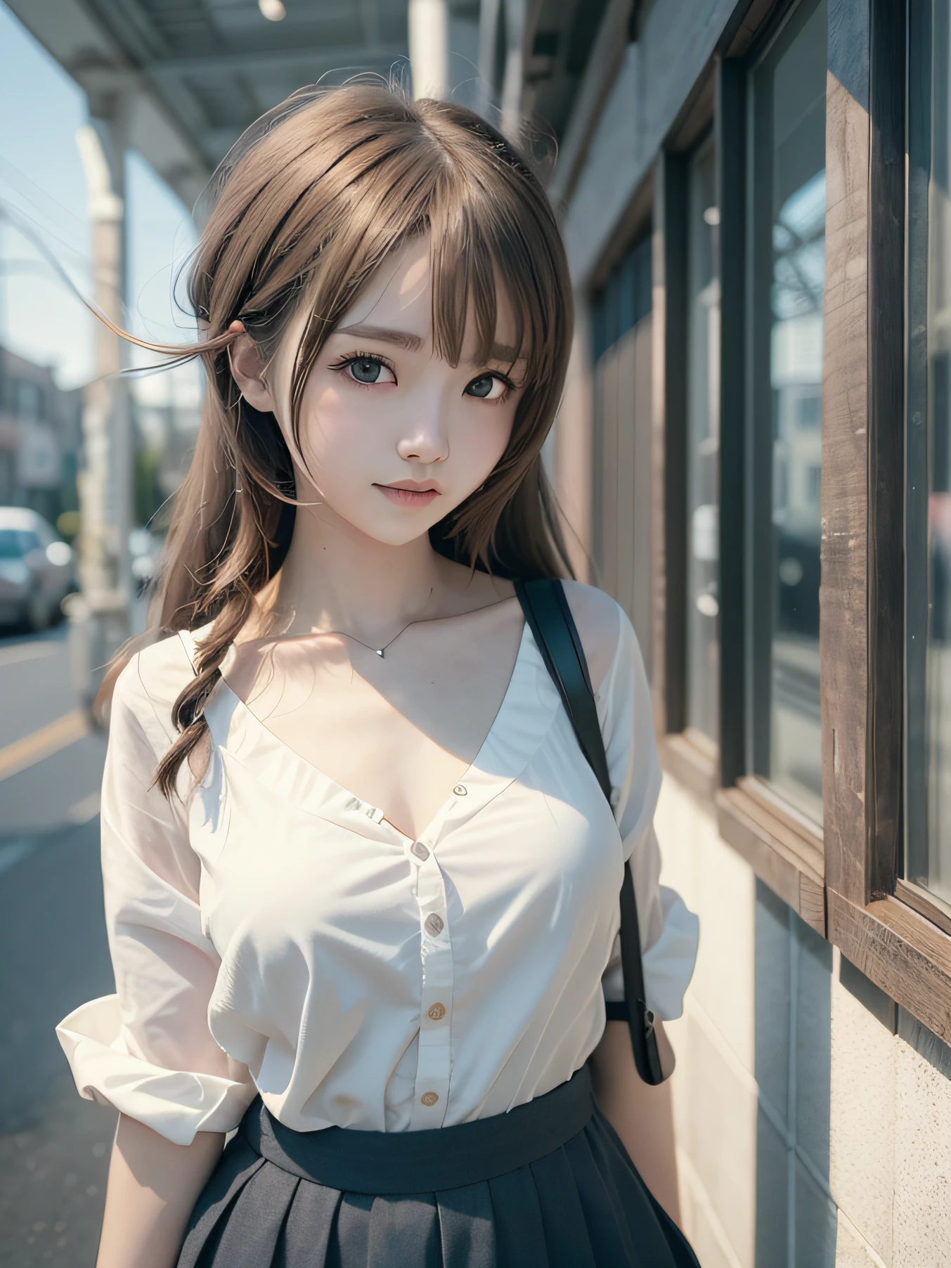 There is a girl wearing a white shirt to go to office, Kawaii realistic portrait,25 years old, Smooth anime CG art, portrait anime girl, Photorealistic anime, lovely digital painting, realistic anime artstyle, 3 d anime realistic, Realistic cute girl painting, photorealistic anime girl rendering, 3d anime girl, Realistic anime 3 D style, Realistic young anime girl, adorable digital art,Casual hairstyle,ssmile,largeeyes,,Alvine,Bigchest,Full body photo,Extremely beautiful face,Hand down