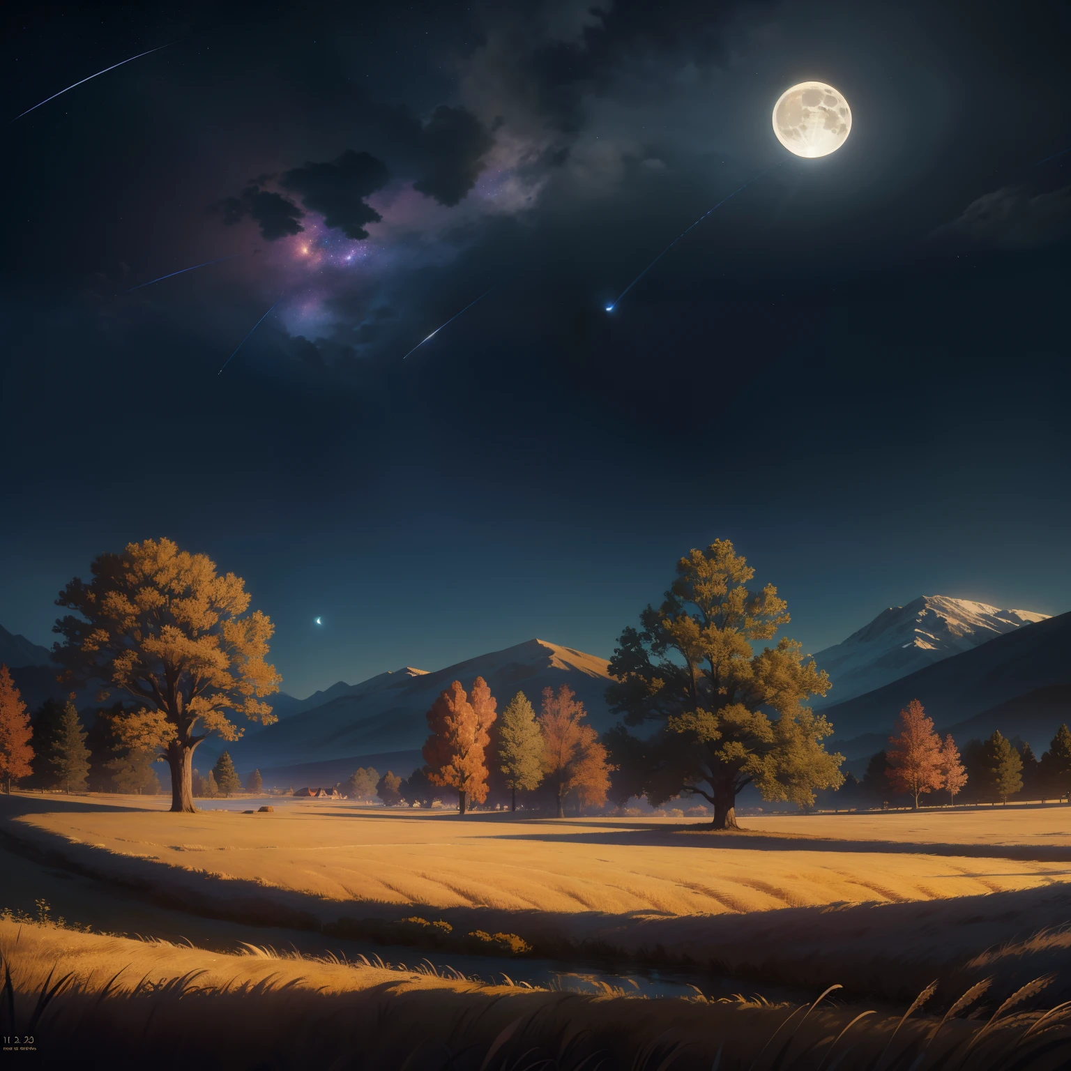 Vast landscape photos, (seen from below, sky above, open fields below), realistic, real, oversized moon background (Full Moon: 1.2), (Meteor: 0.9), (Nebula: 1.3), distant mountains, trees BREAK Making art, (warm light source: 1.2), (Firefly: 1.2), lamps, lots of purple and orange, intricate details, volumetric lighting, realism BREAK (Masterpiece: 1.2), (Best Quality), 4K, Ultra-Detailed, (Dynamic Composition: 1.4), Very Detailed, Rich in Detail, (Iridescent Color: 1.2), (Glow, Atmospheric Illumination), Dreamy, Magical, (Solo: 1.2),, paper_cut, Fantasy, Simple Background, No Man, Starry Sky, Vincent van Gogh \ (Style\), Trees, Village, Wheat Field,