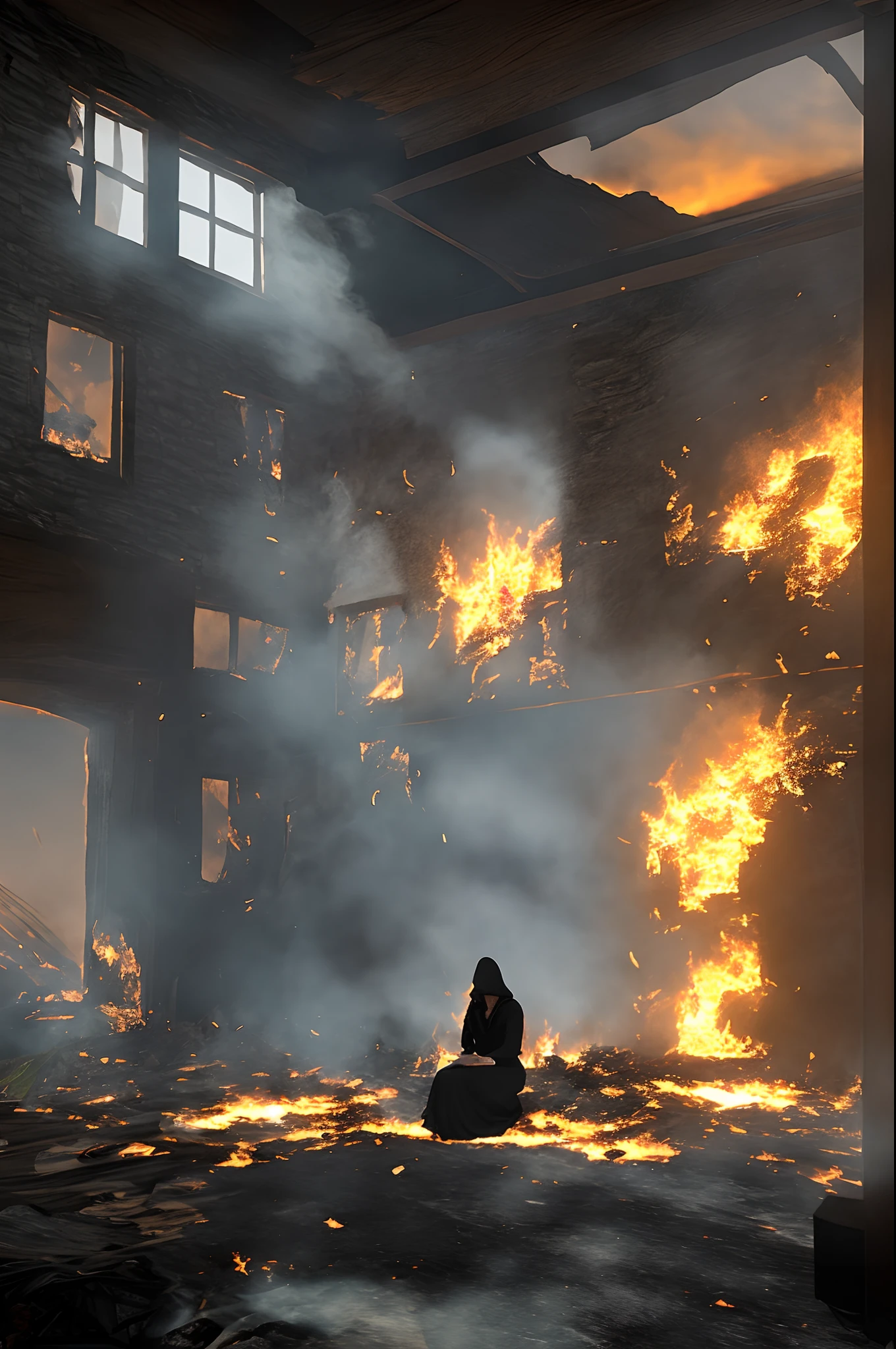 (best qualtiy:1.23),(tmasterpiece:1.12),(realisticlying:1.24),(Witch of the East:1.5)A sad face,Sit by the window,Look out the window,Wearing a red dress,cabelos preto e longos,The right hand covers a ray of sunlight coming out the window,Particle,Volumetric lighting,The room burned down,The floor and chairs are on fire,Many gadgets and equipment caught fire,puffing smoke,(flames around:1.2),