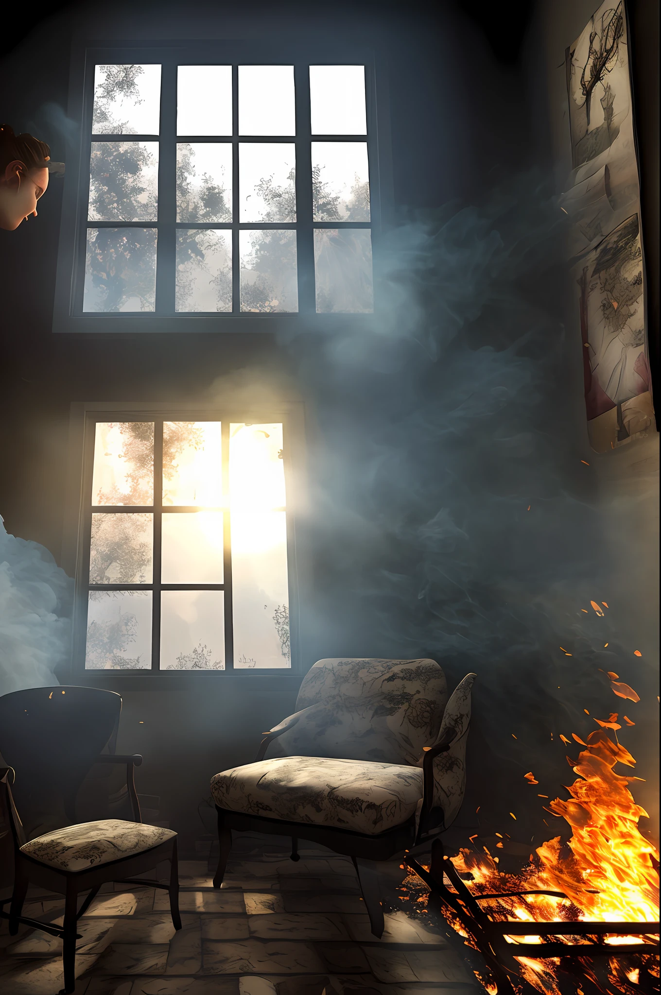 (best qualtiy:1.23),(tmasterpiece:1.12),(realisticlying:1.24),(Witch of the East:1.5)A sad face,Sit by the window,Look out the window,Wearing a red dress,cabelos preto e longos,The right hand covers a ray of sunlight coming out the window,Particle,Volumetric lighting,The room burned down,The floor and chairs are on fire,Many gadgets and equipment caught fire,puffing smoke,(flames around:1.2),