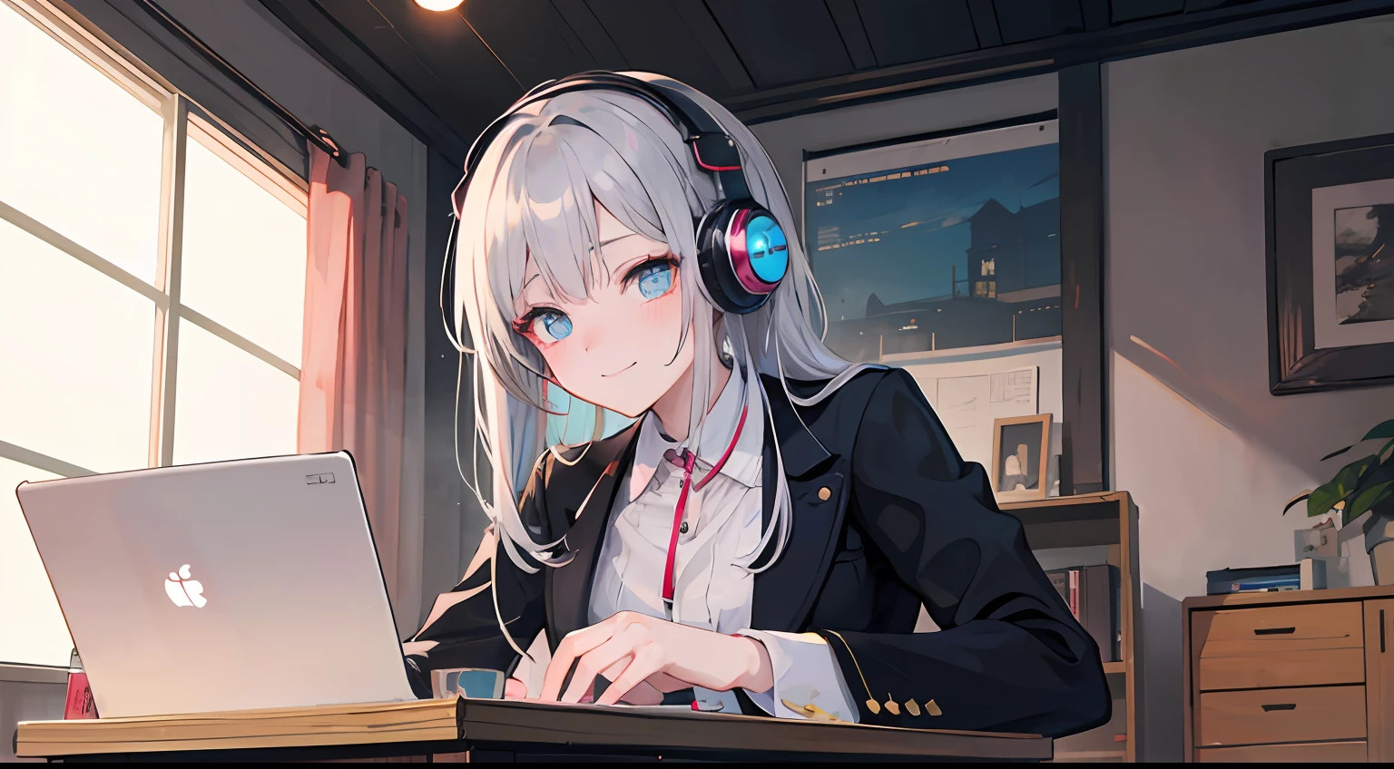 Anime girl with headphones sitting on laptop table, lofi-girl, lofi artstyle, lofi art, lofi vibes, lofi feel, adult lady、silber hair、A smile、25-years old、Business suits、lofi hip hop, lofi, chillhop, lofi girl aesthetic, lofi portrait, Lofivibe, lofi color, anime vibes, The aesthetics of the lofi