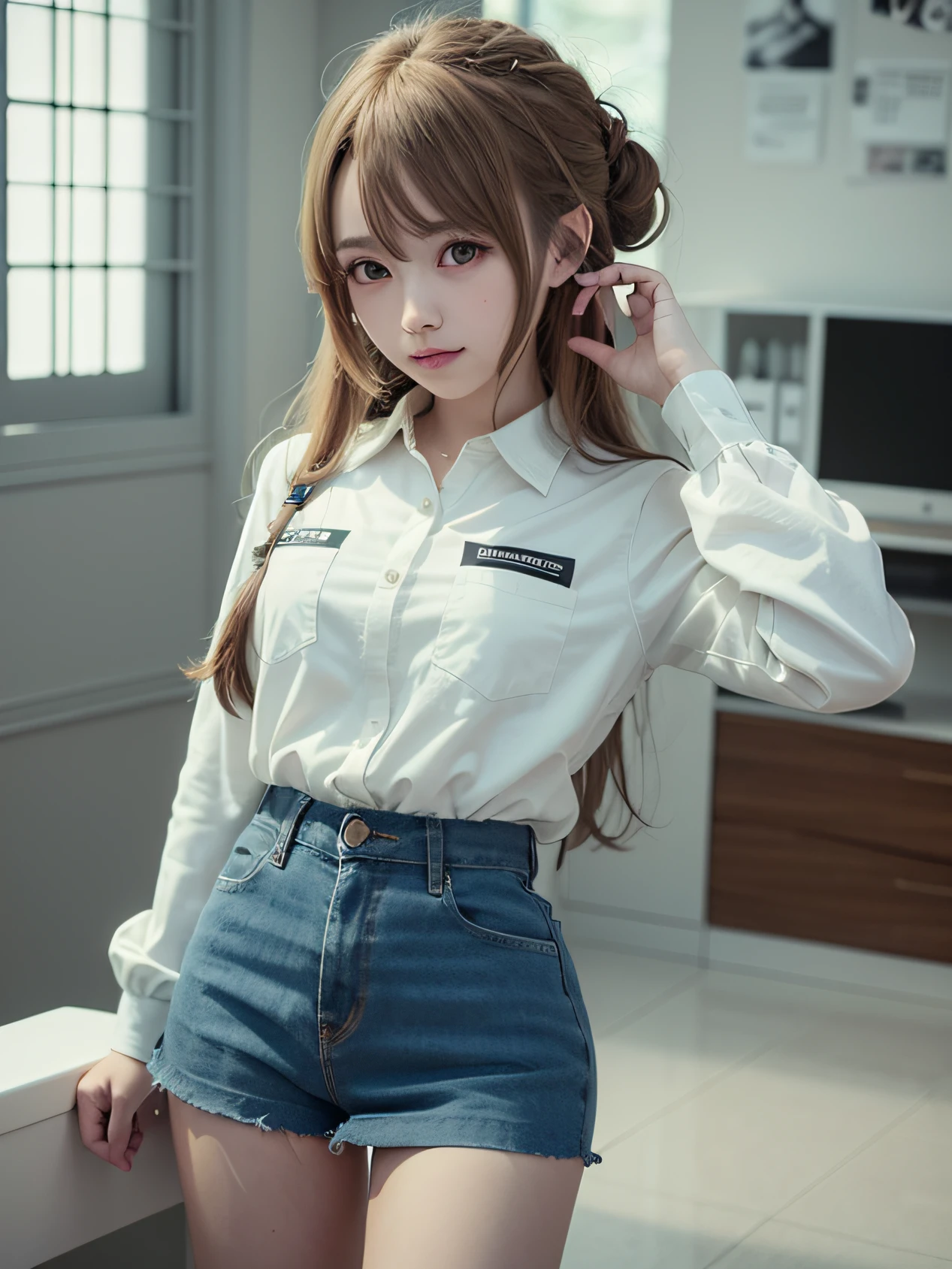 There is a girl wearing a white shirt to go to office, Kawaii realistic portrait,25 years old， Smooth anime CG art, portrait anime girl, Photorealistic anime, lovely digital painting, realistic anime artstyle, 3 d anime realistic, Realistic cute girl painting, photorealistic anime girl rendering, 3d anime girl, Realistic anime 3 D style, Realistic young anime girl, adorable digital art，Casual hairstyle,ssmile,largeeyes,,Alvine，Bigchest，Full body photo，Extremely beautiful face，Hand down