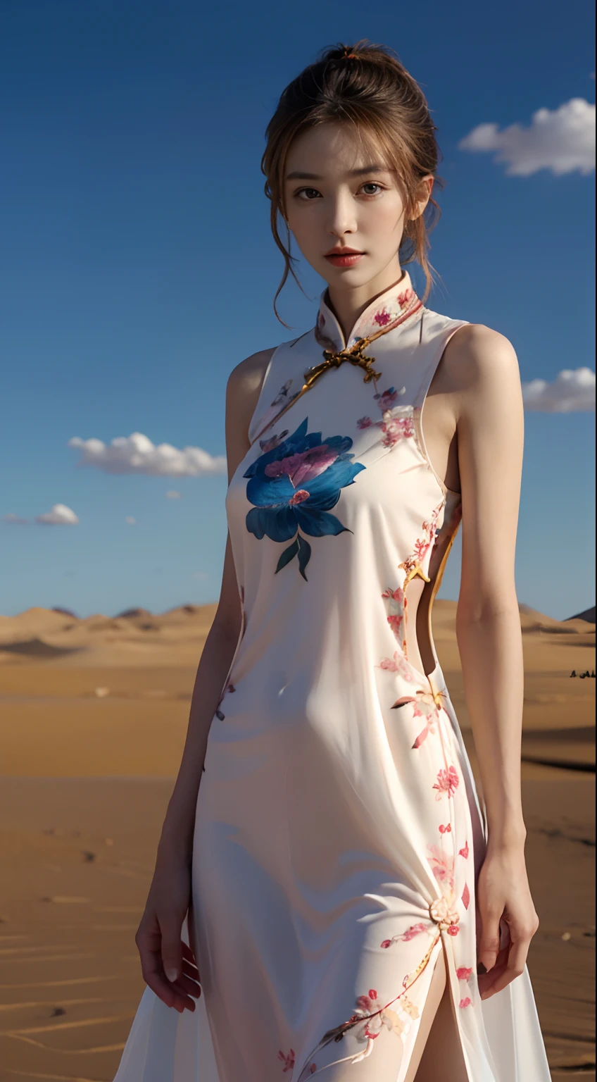 ((The background is a scene at noon:1.3)),((with blue sky and white clouds:1.3)),((Face lighting:1.3)),((Top quality, 8K, Masterpiece: 1.3)), Solo, 1 girl, Sexy,  Beautiful girl with accentuated slender abs: 1.4,超詳細な顔, Detailed eyes, Double eyelids, self-shot, (body builder:0.8),,White cheongsam, gorgeous chinese models, Cheongsam, China Cheongsam, Chinese traditional, Chinese cheongsam costume,Without chest pads:1.2,Shiny cheongsam:1.5,(Shiny skin:1.2),(muscle arm:1.3),(muscle leg:1.3), (two tone color hair:1.5,Blonde hair:1.1,Pink hair:1.2),((Masterpiece)), ((High detail)), photography of，real photograph，1 Cheongsam Girl, wearing  cheongsam，silky cheongsam，silky cheongsam，((Ultra-detailed)),((Delicate face)), Beautiful detailed eyes, (high light,Gradient hair),Long hair, Floating hair, ,hairs between eyes, GSHead,1girll ,Solo,The eye,Genshin_impact,Look at the viewer, ((Distant view)), Strong light and shadow, Cinema lenses，tmasterpiece，Super quality， A desert，on cheongsam，Silk cheongsam，18yr old，Big eyes，entire character，cropped shoulders，show legs，Long legs，full bodyesbian，8K，Ultra-clear resolution，Ultra-fine painting，Flat desert，Distant horizon，Vast desert，Sand，Dressed in a flowing manner、Silky traditional oriental cheongsam，Decorated with intricate patterns and bright colors，Highlights her seductive silhouette，((The background is a large flat desert:1.5)),tmasterpiece，Ultra-realistic detailed painting，Epic fantasy digital art style，8K,wide wide shot，Diagonal composition，art of photography，（Extremely refined and beautiful），（tmasterpiece），（best qualtiy：1.0），（超A high resolution：1.0），beautiful light up，perfect lightning bolt，realistic shaded，[A high resolution]，Delicate skin，ultra - detailed，Slim figure，Long legs，Beautiful Meticulous Girl, absurderes, unbelievable Ridiculous, hugefilesize, ultra - detailed, A high resolution, The is very detailed，best qualtiy，tmasterpiece，Need,((tmasterpiece)), (A detailed),Super delicate，Epic fantasy digital art style，The girl ha