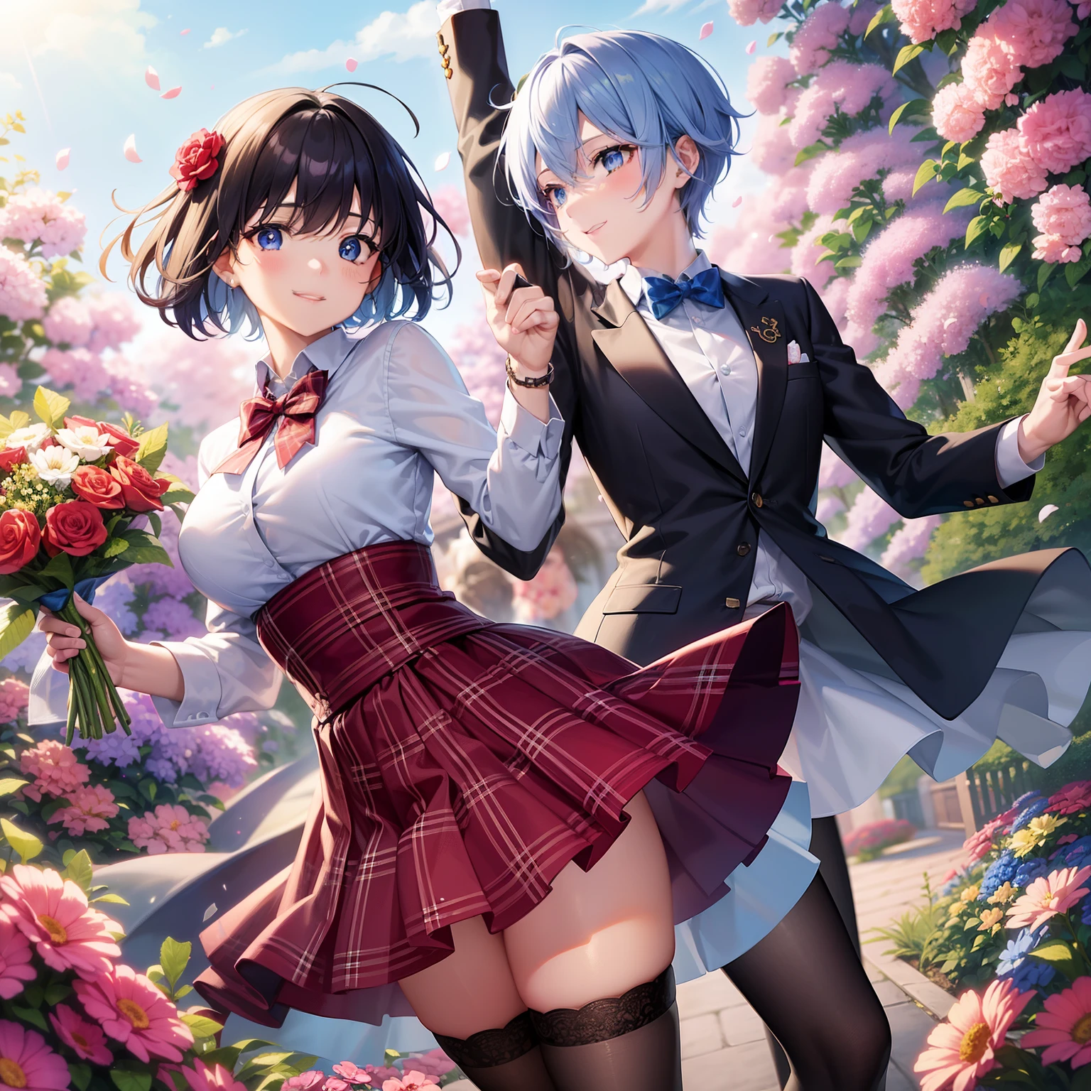 "Beautiful anime style female characters、Short blue hair、blue eyess、a smile、blazers、white  shirt、red bowtie、Red plaid skirt、Figures wearing black stockings、Bouquet in hand、Scene of dancing in a summer flower garden。With high-quality portrayal and highest quality、Emphasis on the thighs、In the brilliant sunshine、The whole body shines、Draw a gorgeous picture。"