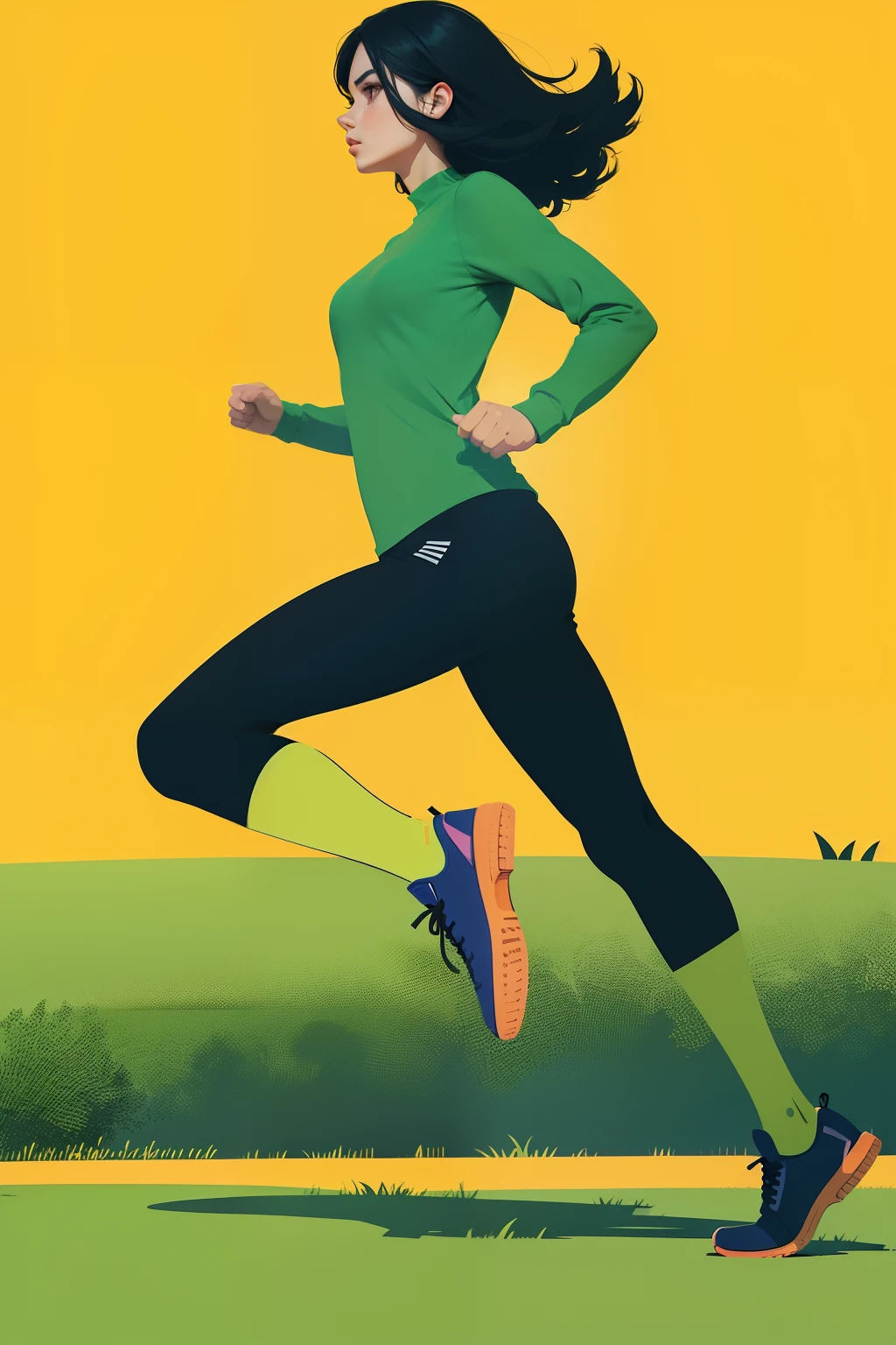 Flat illustration，People who exercise，Highlight the person who is running，Trees and grass，Clean background，Bright colors，Minimalist style