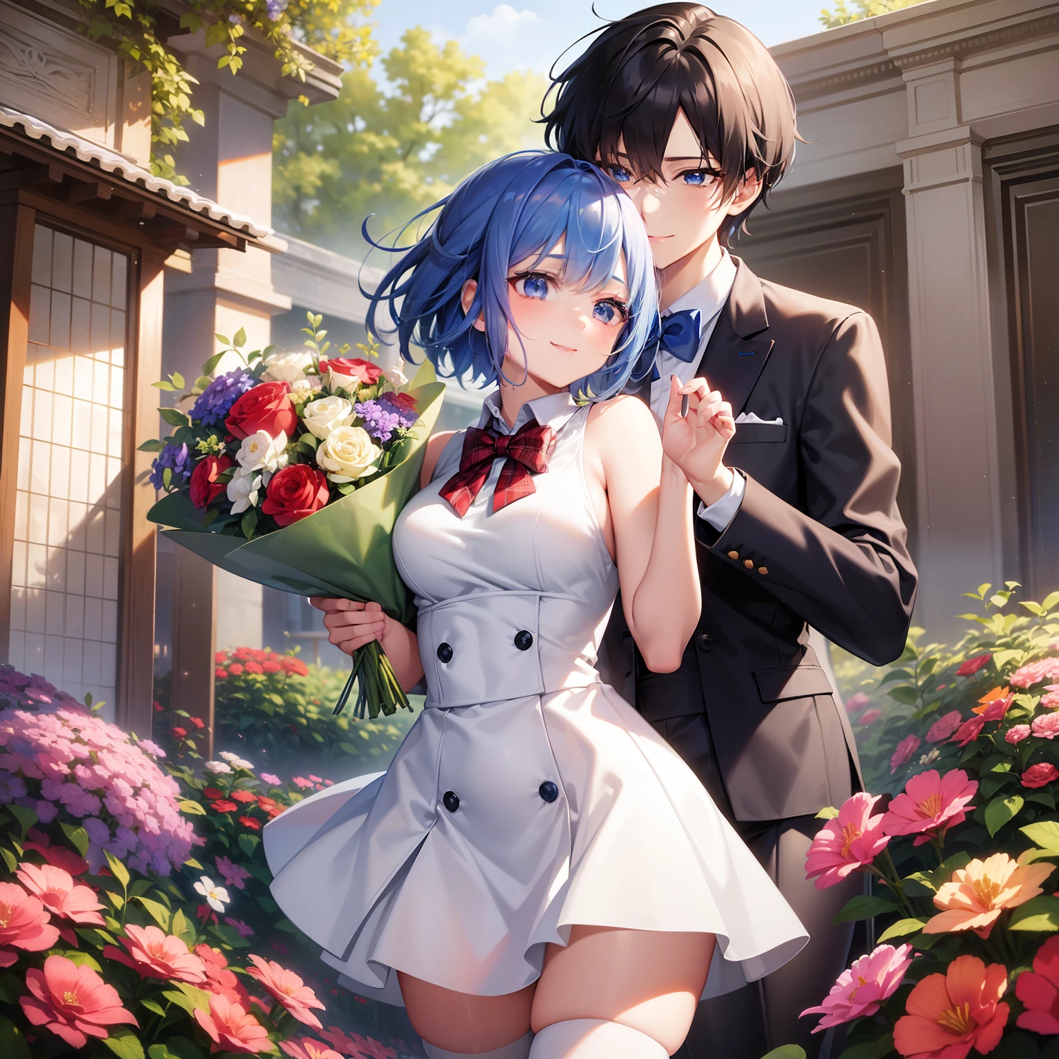 "Beautiful anime style female characters、Short blue hair、blue eyess、a smile、blazers、white shirt、red bowtie、Red plaid skirt、Figures wearing black stockings、Bouquet in hand、Scene of dancing in a summer flower garden。With high-quality portrayal and highest quality、Emphasis on the thighs、In the brilliant sunshine、The whole body shines、Draw a gorgeous picture。"