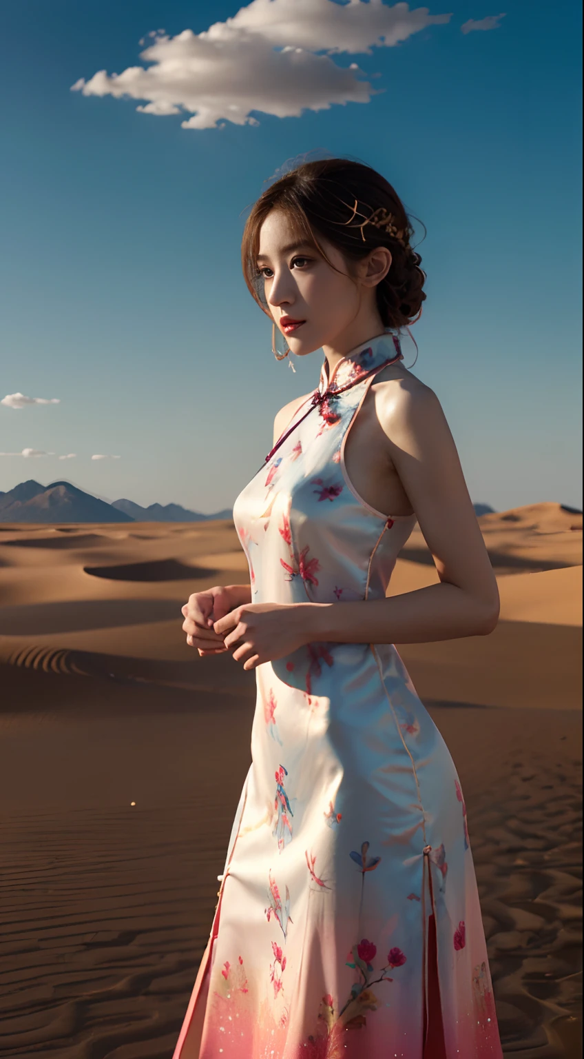 ((The background is a scene at noon:1.3)),((with blue sky and white clouds:1.3)),((Face lighting:1.3)),((Top quality, 8K, Masterpiece: 1.3)), Solo, 1 girl, Sexy,  Beautiful girl with accentuated slender abs: 1.4,超詳細な顔, Detailed eyes, Double eyelids, self-shot, (body builder:0.8),,White cheongsam, gorgeous chinese models, Cheongsam, China Cheongsam, Chinese traditional, Chinese cheongsam costume,Without chest pads:1.2,Shiny cheongsam:1.5,(Shiny skin:1.2),(muscle arm:1.3),(muscle leg:1.3), (two tone color hair:1.5,Blonde hair:1.1,Pink hair:1.2),((Masterpiece)), ((High detail)), photography of，real photograph，1 Cheongsam Girl, wearing  cheongsam，silky cheongsam，silky cheongsam，((Ultra-detailed)),((Delicate face)), Beautiful detailed eyes, (high light,Gradient hair),Long hair, Floating hair, ,hairs between eyes, GSHead,1girll ,Solo,The eye,Genshin_impact,Look at the viewer, ((Distant view)), Strong light and shadow, Cinema lenses，tmasterpiece，Super quality， A desert，on cheongsam，Silk cheongsam，18yr old，Big eyes，entire character，cropped shoulders，show legs，Long legs，full bodyesbian，8K，Ultra-clear resolution，Ultra-fine painting，Flat desert，Distant horizon，Vast desert，Sand，Dressed in a flowing manner、Silky traditional oriental cheongsam，Decorated with intricate patterns and bright colors，Highlights her seductive silhouette，((The background is a large flat desert:1.5)),tmasterpiece，Ultra-realistic detailed painting，Epic fantasy digital art style，8K,wide wide shot，Diagonal composition，art of photography，（Extremely refined and beautiful），（tmasterpiece），（best qualtiy：1.0），（超A high resolution：1.0），beautiful light up，perfect lightning bolt，realistic shaded，[A high resolution]，Delicate skin，ultra - detailed，Slim figure，Long legs，Beautiful Meticulous Girl, absurderes, unbelievable Ridiculous, hugefilesize, ultra - detailed, A high resolution, The is very detailed，best qualtiy，tmasterpiece，Need,((tmasterpiece)), (A detailed),Super delicate，Epic fantasy digital art style，The girl ha
