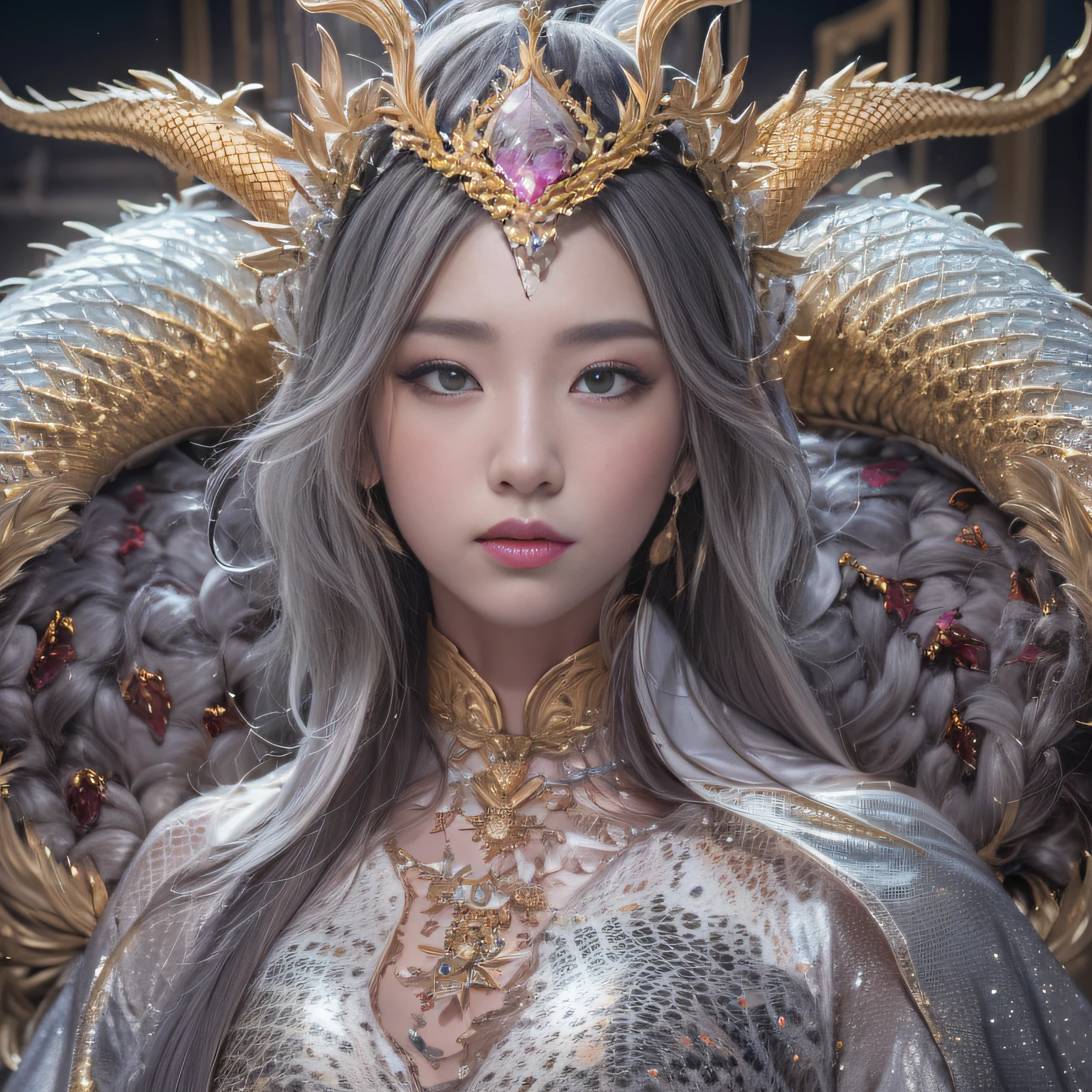 16k（tmasterpiece，k hd，hyper HD，16k）short detailed hair，Gold jewelry area in the back room，King Girl ，Silver Dragon Protector （realisticlying：1.4），Python pattern robe，Purple-pink tiara，Snowflakes fluttering，The background is pure，Hold your head high，Be proud，The nostrils look at people， A high resolution， the detail， RAW photogr， Sharp Re， Nikon D850 Film Stock Photo by Jefferies Lee 4 Kodak Portra 400 Camera F1.6 shots, Rich colors, ultra-realistic vivid textures, Dramatic lighting, Unreal Engine Art Station Trend, cinestir 800，Hold your head high，Be proud，The nostrils look at people