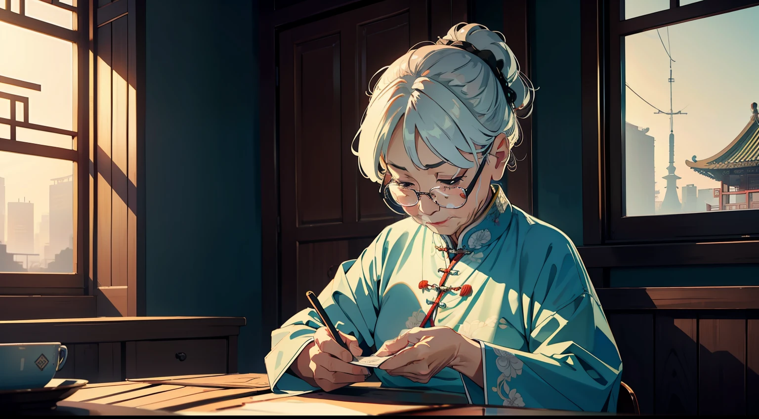 8K wallpaper,An extremely delicate and beautiful,Ultra-detailed,Best quality，(An old grandmother), Chinese housing background