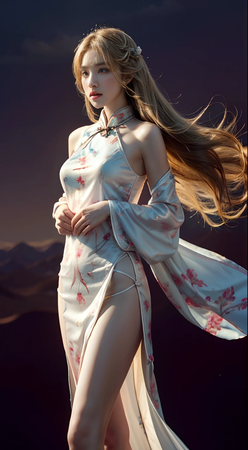 ((The background is a scene at noon:1.3)),((with blue sky and white clouds:1.3)),((Face lighting:1.3)),((Top quality, 8K, Masterpiece: 1.3)), Solo, 1 girl, Sexy,  Beautiful girl with accentuated slender abs: 1.4,超詳細な顔, Detailed eyes, Double eyelids, self-shot, (body builder:0.8),,White cheongsam, gorgeous chinese models, Cheongsam, China Cheongsam, Chinese traditional, Chinese cheongsam costume,Without chest pads:1.2,Shiny cheongsam:1.5,(Shiny skin:1.2),(muscle arm:1.3),(muscle leg:1.3), (two tone color hair:1.5,Blonde hair:1.1,Pink hair:1.2),((Masterpiece)), ((High detail)), photography of，real photograph，1 Cheongsam Girl, wearing  cheongsam，silky cheongsam，silky cheongsam，((Ultra-detailed)),((Delicate face)), Beautiful detailed eyes, (high light,Gradient hair),Long hair, Floating hair, ,hairs between eyes, GSHead,1girll ,Solo,The eye,Genshin_impact,Look at the viewer, ((Distant view)), Strong light and shadow, Cinema lenses，tmasterpiece，Super quality， A desert，on cheongsam，Silk cheongsam，18yr old，Big eyes，entire character，cropped shoulders，show legs，Long legs，full bodyesbian，8K，Ultra-clear resolution，Ultra-fine painting，Flat desert，Distant horizon，Vast desert，Sand，Dressed in a flowing manner、Silky traditional oriental cheongsam，Decorated with intricate patterns and bright colors，Highlights her seductive silhouette，((The background is a large flat desert:1.5)),tmasterpiece，Ultra-realistic detailed painting，Epic fantasy digital art style，8K,wide wide shot，Diagonal composition，art of photography，（Extremely refined and beautiful），（tmasterpiece），（best qualtiy：1.0），（超A high resolution：1.0），beautiful light up，perfect lightning bolt，realistic shaded，[A high resolution]，Delicate skin，ultra - detailed，Slim figure，Long legs，Beautiful Meticulous Girl, absurderes, unbelievable Ridiculous, hugefilesize, ultra - detailed, A high resolution, The is very detailed，best qualtiy，tmasterpiece，Need,((tmasterpiece)), (A detailed),Super delicate，Epic fantasy digital art style，The girl ha