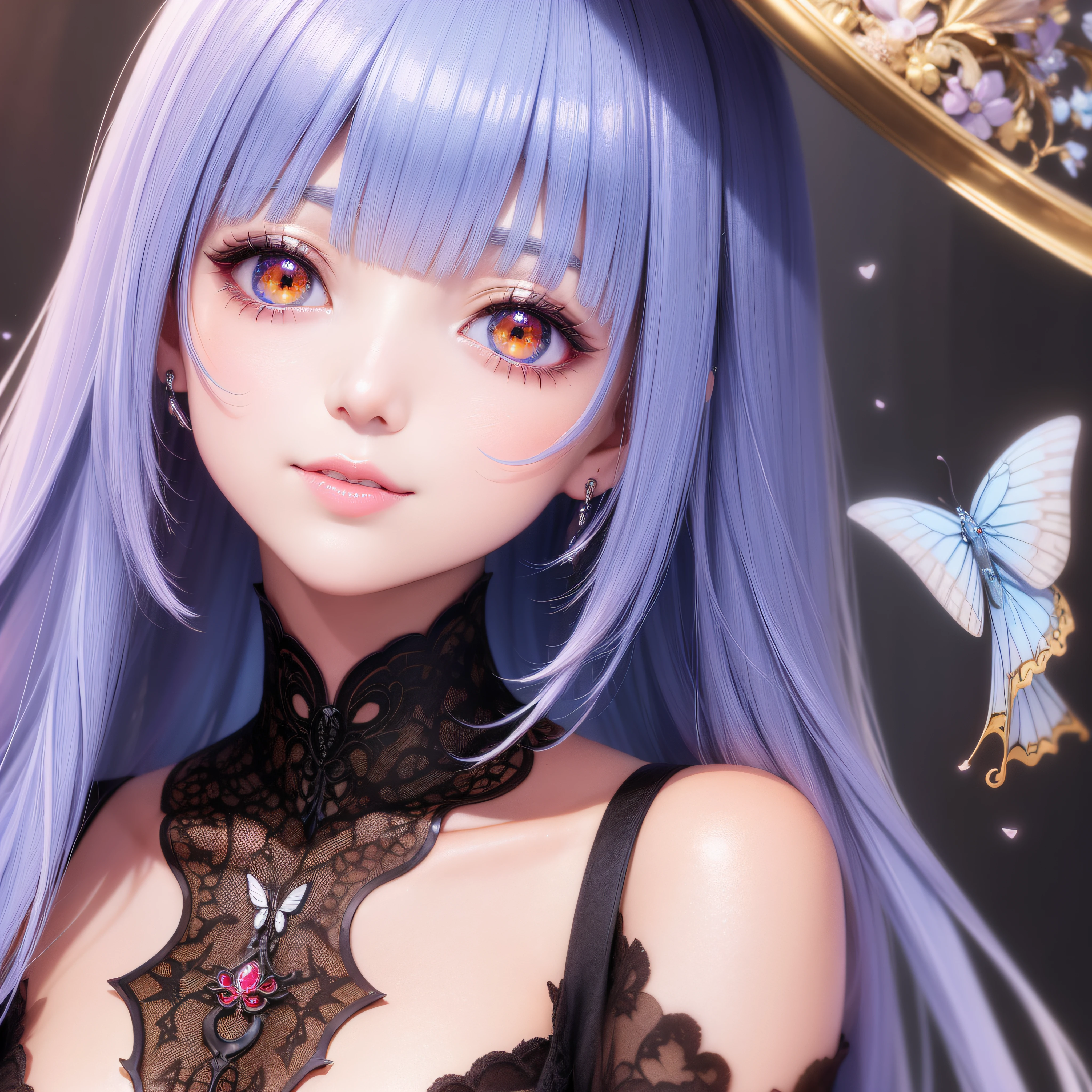 Close up of a smile with the corners of the mouth raised、Korea person、Korea person、Korea person、(shiny red eyes、Eye Gloss)、(open dark red shiny lips,,,、lipgloss)、(bangss、Silver shiny bangs、hair gloss)、Beautiful 30 year old woman、dreamlikeart、Highly detailed airbrush art、intricate detailes、Volumetric lighting、(top-quality)、(The ultra-detailliert)、Highly detailed colorful details、(Irridescent color:1.2)、(Bright lighting)、Magical、dynamic compositions、Ray traching、The mirror reflects light、Shallow depth of field、ultra-detailliert、mixing exposure、nffsw、Super masterpiece、vivd colour、colourfull、Rich colors、exquisitedetails、 (butterflys,Exquisite butterflies,Ultra CG), (High resolution:1.5)、Pink wetsuit