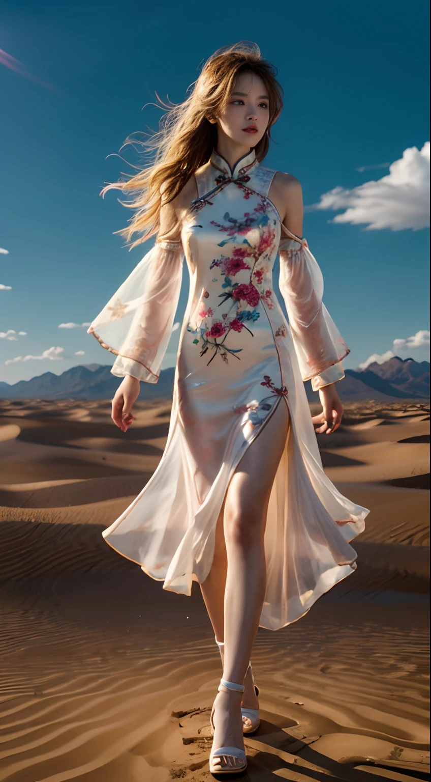 ((The background is a scene at noon:1.3)),((with blue sky and white clouds:1.3)),((Face lighting:1.3)),((Top quality, 8K, Masterpiece: 1.3)), Solo, 1 girl, Sexy,  Beautiful girl with accentuated slender abs: 1.4,超詳細な顔, Detailed eyes, Double eyelids, self-shot, (body builder:0.8),,White cheongsam, gorgeous chinese models, Cheongsam, China Cheongsam, Chinese traditional, Chinese cheongsam costume,Without chest pads:1.2,Shiny cheongsam:1.5,(Shiny skin:1.2),(muscle arm:1.3),(muscle leg:1.3), (two tone color hair:1.5,Blonde hair:1.1,Pink hair:1.2),((Masterpiece)), ((High detail)), photography of，real photograph，1 Cheongsam Girl, wearing  cheongsam，silky cheongsam，silky cheongsam，((Ultra-detailed)),((Delicate face)), Beautiful detailed eyes, (high light,Gradient hair),Long hair, Floating hair, ,hairs between eyes, GSHead,1girll ,Solo,The eye,Genshin_impact,Look at the viewer, ((Distant view)), Strong light and shadow, Cinema lenses，tmasterpiece，Super quality， A desert，on cheongsam，Silk cheongsam，18yr old，Big eyes，entire character，cropped shoulders，show legs，Long legs，full bodyesbian，8K，Ultra-clear resolution，Ultra-fine painting，Flat desert，Distant horizon，Vast desert，Sand，Dressed in a flowing manner、Silky traditional oriental cheongsam，Decorated with intricate patterns and bright colors，Highlights her seductive silhouette，((The background is a large flat desert:1.5)),tmasterpiece，Ultra-realistic detailed painting，Epic fantasy digital art style，8K,wide wide shot，Diagonal composition，art of photography，（Extremely refined and beautiful），（tmasterpiece），（best qualtiy：1.0），（超A high resolution：1.0），beautiful light up，perfect lightning bolt，realistic shaded，[A high resolution]，Delicate skin，ultra - detailed，Slim figure，Long legs，Beautiful Meticulous Girl, absurderes, unbelievable Ridiculous, hugefilesize, ultra - detailed, A high resolution, The is very detailed，best qualtiy，tmasterpiece，Need,((tmasterpiece)), (A detailed),Super delicate，Epic fantasy digital art style，The girl ha