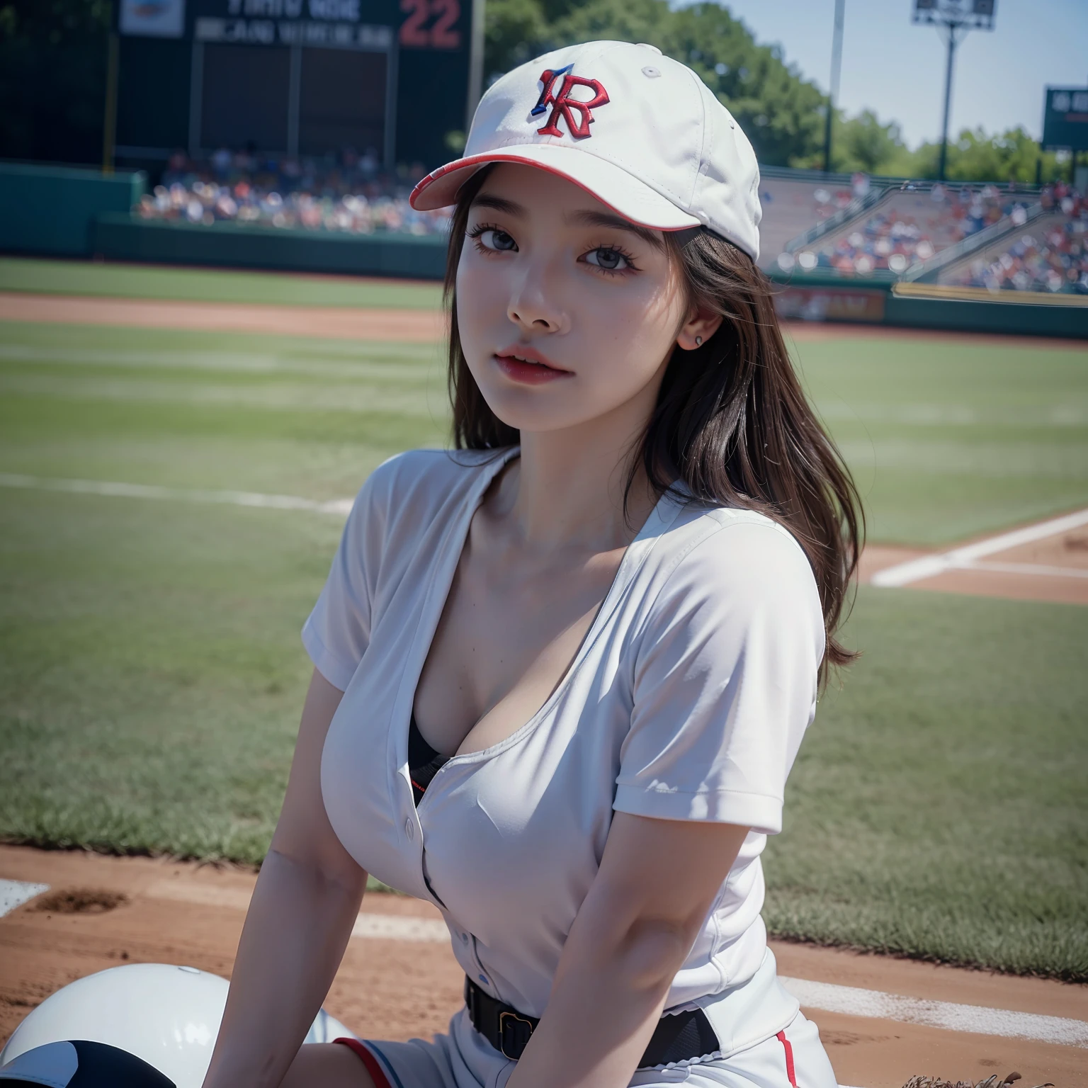 (Raw photography、8K、​masterpiece、hight resolution、very intricate)(realisitic:1.4)、Movie lighting Delicate girl with facial features
1 girl、single focus、Summer noon、Hot、1990's\(styles\)、Muscle whitening、(Colossal tits、cleavage of the breast)、(top-quality)、(a miniskirt)、(extremely delicate and beautiful)、、(Beautiful 8k face)、(Colorful eyes)、(ulzzang-6500:1.0)、(独奏)、(Watching side)、(audience)、(nffsw)、(Baseball Uniforms、Whiteware、Baseball Cap:1.2)、((The Greatness of Baseball))、((At the baseball field))、(现实)、18year old、Kpop Idol