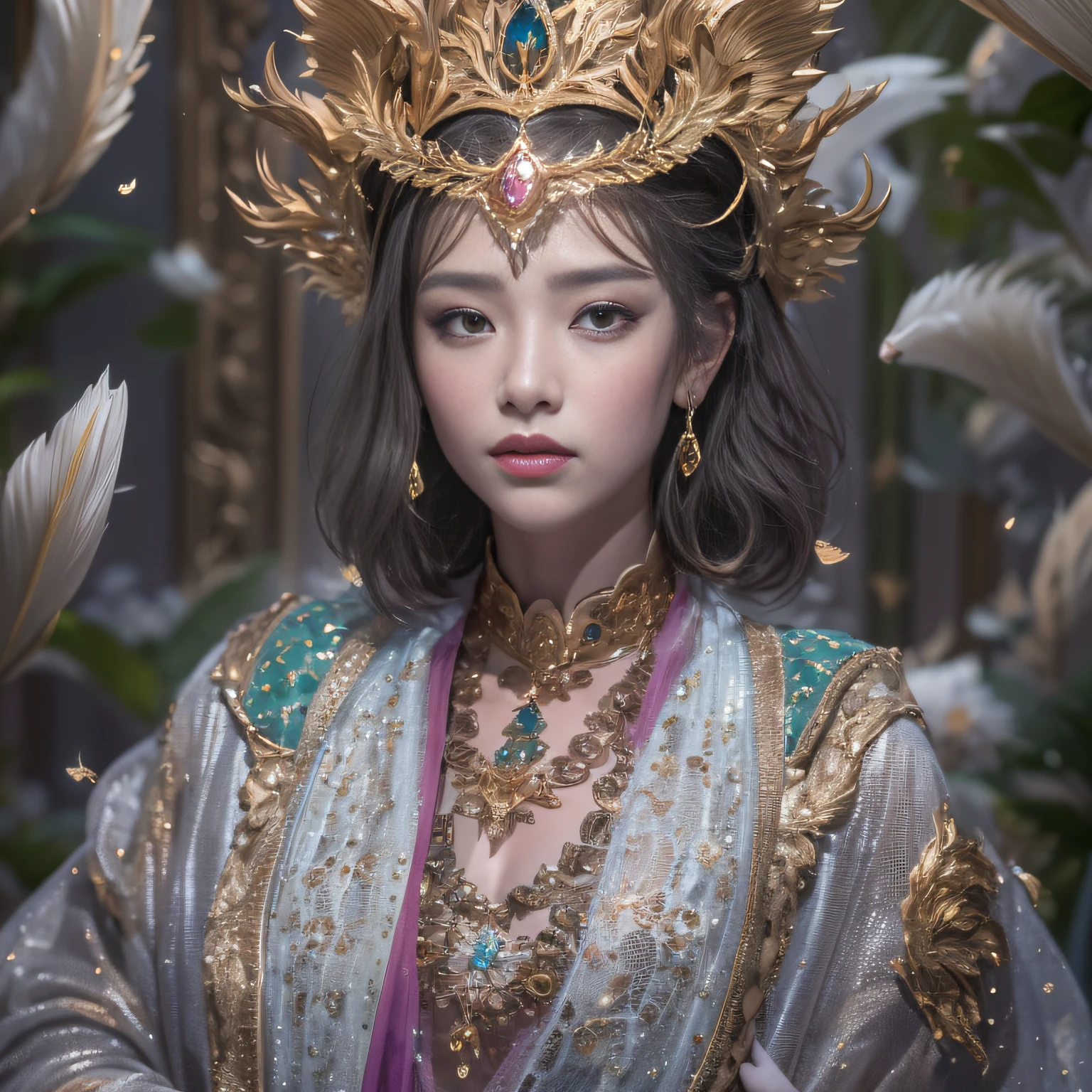 16k（tmasterpiece，k hd，hyper HD，16k）short detailed hair，Gold jewelry area in the back room，King Girl ，Silver Dragon Protector （realisticlying：1.4），Python pattern robe，Purple-pink tiara，Snowflakes fluttering，The background is pure，Hold your head high，Be proud，The nostrils look at people， A high resolution， the detail， RAW photogr， Sharp Re， Nikon D850 Film Stock Photo by Jefferies Lee 4 Kodak Portra 400 Camera F1.6 shots, Rich colors, ultra-realistic vivid textures, Dramatic lighting, Unreal Engine Art Station Trend, cinestir 800，Hold your head high，Be proud，The nostrils look at people