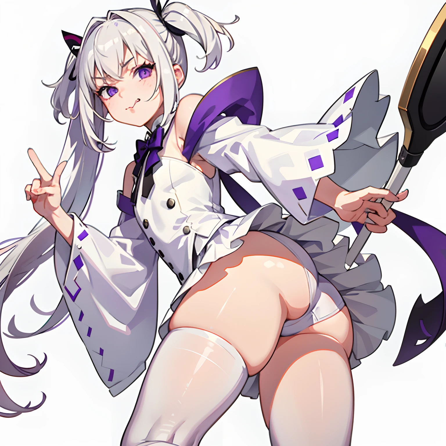 one-girl，White color hair，Purple eye，Pouting ass，Face away from the camera，white stockings，Stick out your tongue，squinty eyes