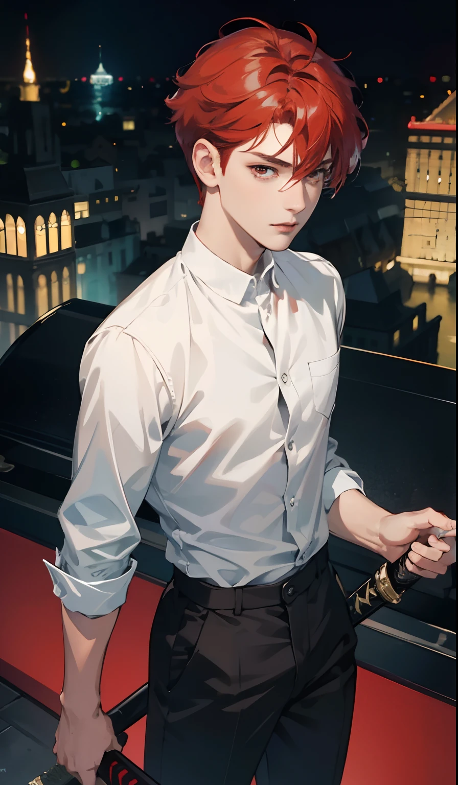 (absurd, high, extremely detailed),((masterpiece)), ((best quality:1.1)), High resolution, 8k,1 boy, (red hair, super short hair, hair layered :1.1 ), shaded face, (stylish pants, top: 1.1), , (top view: 1.1), (red eyes, cold, indifferent eyes), (katana in hand) , anime style, city in the night, city lights in the night