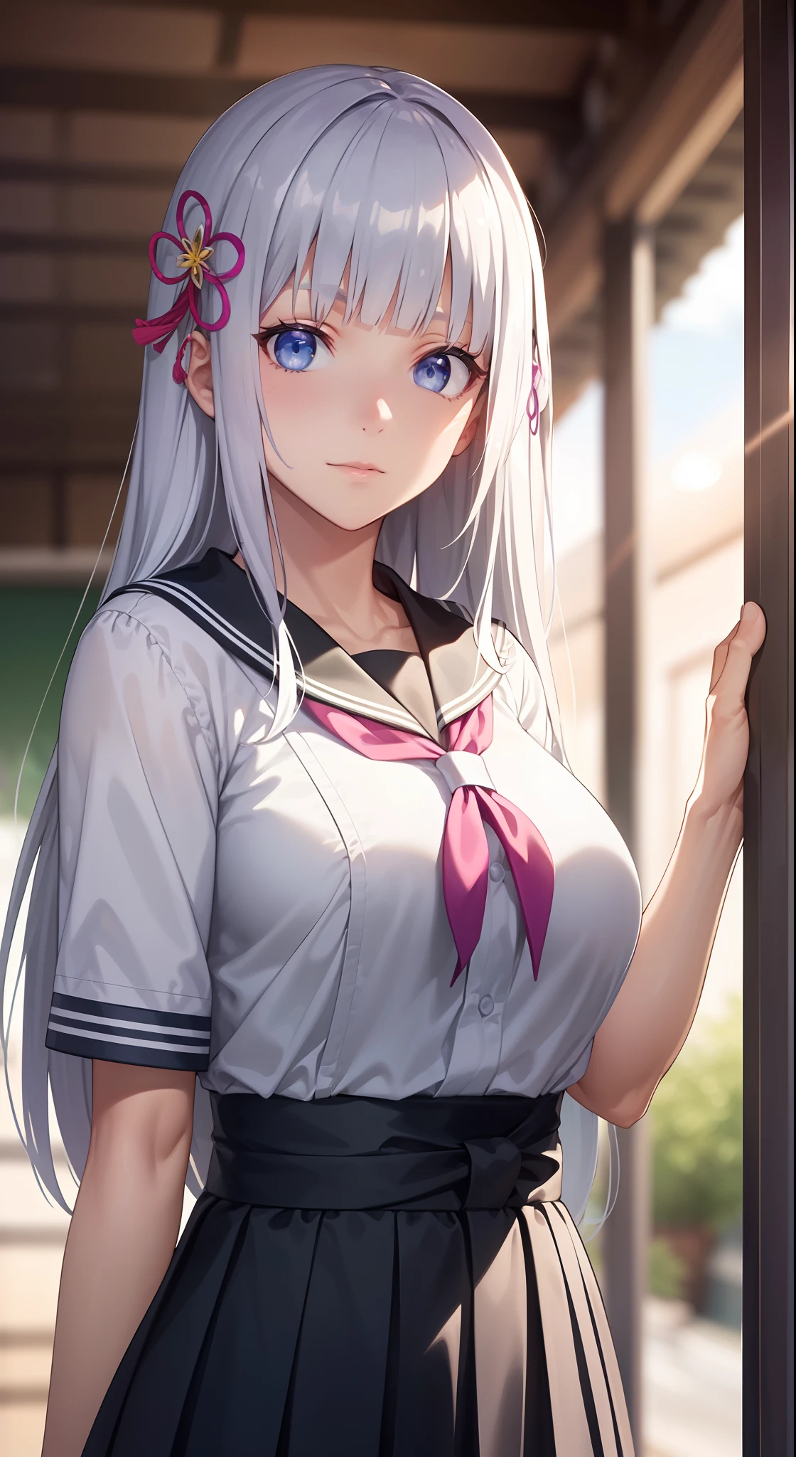 hair ornament, very long hair, japanese clothes, professional artwork, Intricate Details, field of view, sharp focus, detailed painting, photorealistic lighting, trending on pixiv, Standing at attention, ((school girl, summer school outfit)), ((large breasts:1,3)), Beautiful body,Beautiful Nose,Beautiful character design, perfect eyes, perfect face, looking at viewer, SFW,official art,extremely detailed CG unity 8k wallpaper, perfect lighting,Colorful, Bright_Front_face_Lighting, (masterpiece:1.0),(best_quality:1.0), ultra high res,4K,ultra-detailed, photography, 8K, HDR, highres, absurdres:1.2, Kodak portra 400, film grain, blurry background, bokeh:1.2, lens flare, (vibrant_color:1.2), shikkoku_yorihime, (seductive look), ((looking at viewer, front body pose))