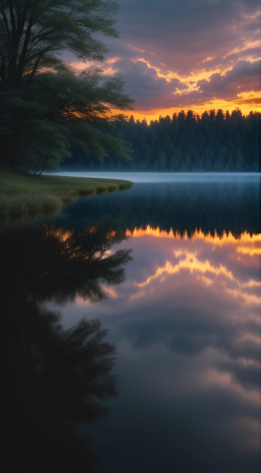 Wallpaper, summer, lake, dawn, forest, clouds, dawn background, depth of field, HD detail, hyperdetail, cinematic, soft light, deep field focus bokeh, ray tracing, diffuse (ultra-fine glass reflection) and realism. --v6