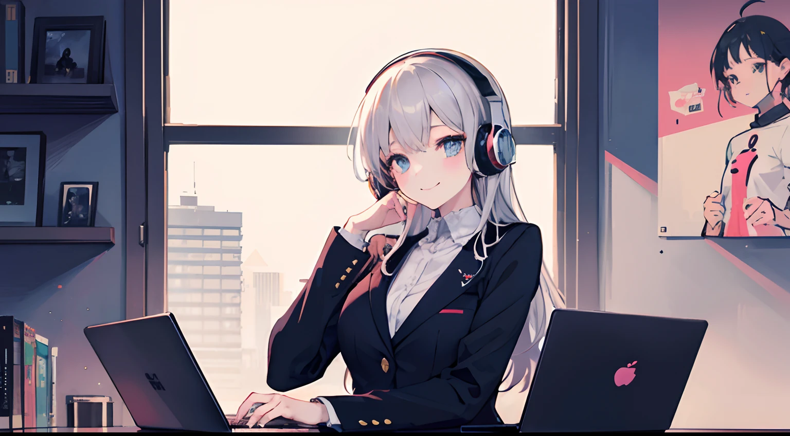 Anime girl with headphones sitting on laptop table, lofi-girl, lofi artstyle, lofi art, lofi vibes, lofi feel, adult lady、silber hair、A smile、25-years old、Business suits、lofi hip hop, lofi, chillhop, lofi girl aesthetic, lofi portrait, Lofivibe, lofi color, anime vibes, The aesthetics of the lofi