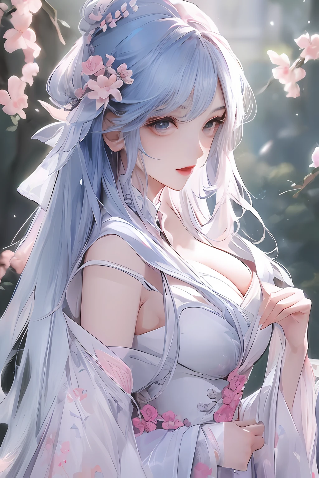 8K,tmasterpiece,best qualtiy,1个Giant Breast Girl,Chinese style,Chinese architecture,silver-white long hair,light pink lips,Clear eyes,By bangs,Powder blue hair,Pink flowers are worn on the head,Flower background,petal dancing,delicated face,closeup cleavage