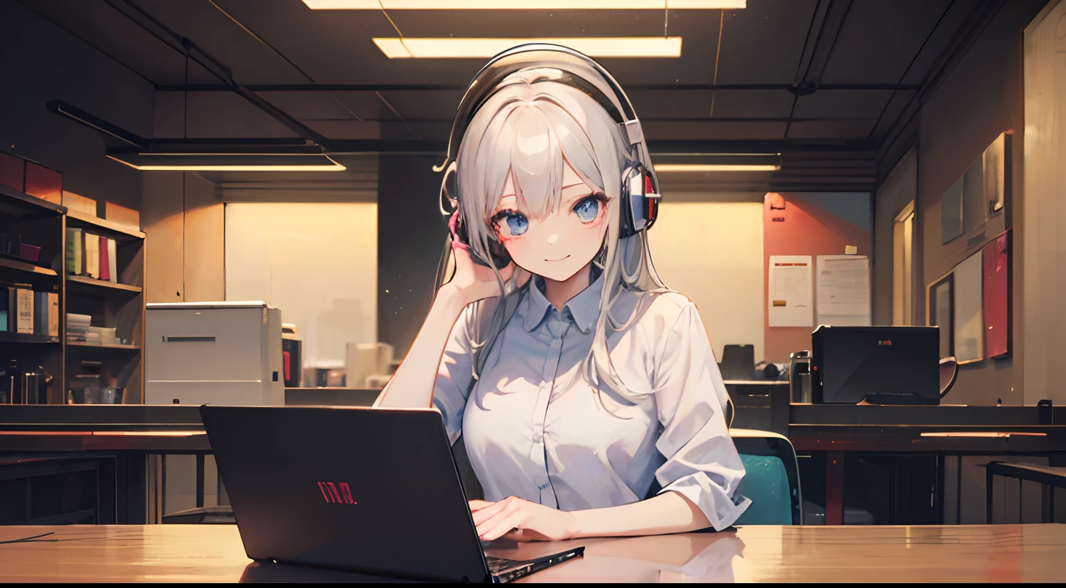 Anime girl with headphones sitting on laptop table, lofi-girl, lofi artstyle, lofi art, lofi vibes, lofi feel, adult lady、silber hair、A smile、25-years old、Business suits、lofi hip hop, lofi, chillhop, lofi girl aesthetic, lofi portrait, Lofivibe, lofi color, anime vibes, The aesthetics of the lofi