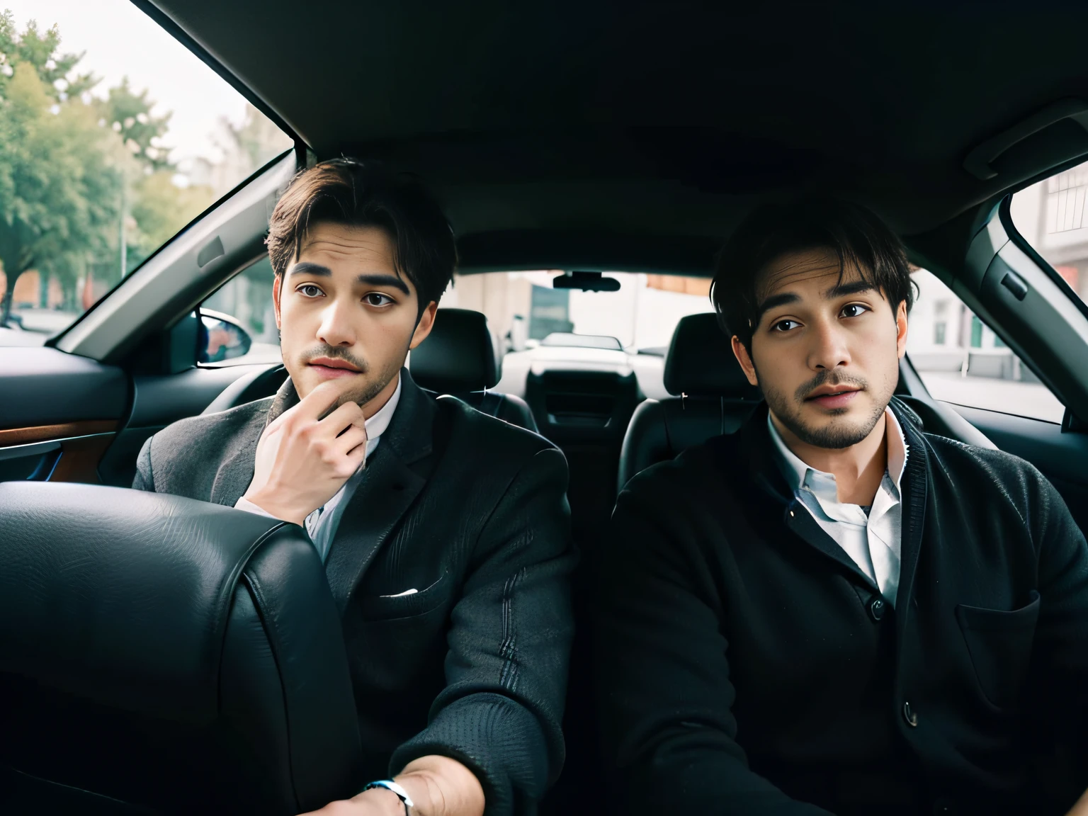 Two men sitting in the car talking,sface focus,Clear facial expressions